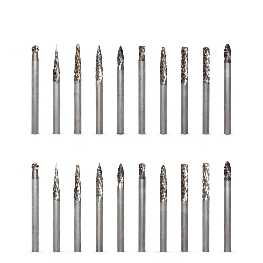 Solid Carbide Burr Set 20pcs 0.118’’ (3mm) Shank Rotary Files for Woodworking