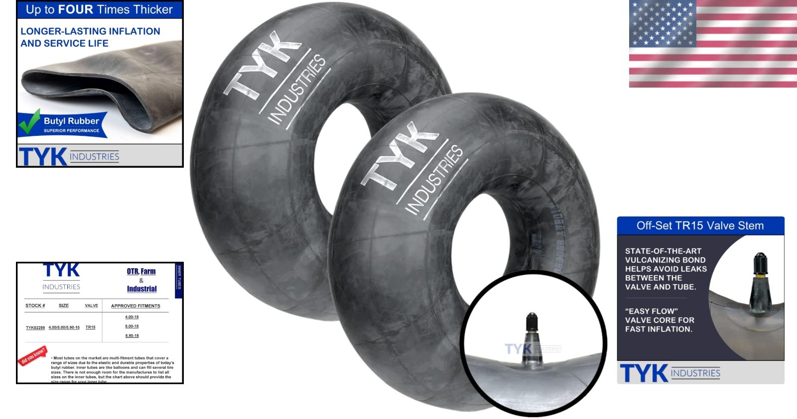 2x 4.00/5.00/5.90-15 Tri Rib Inner Tubes with TR15 Valve Stems – 3-