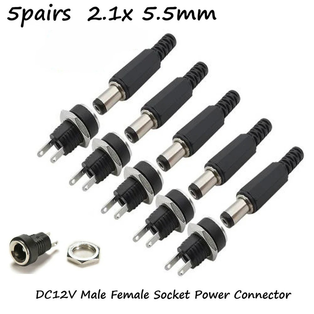 5 Pair DC 12V Male Female Socket Panel Mount Barrels Jack Plug Power Connector F