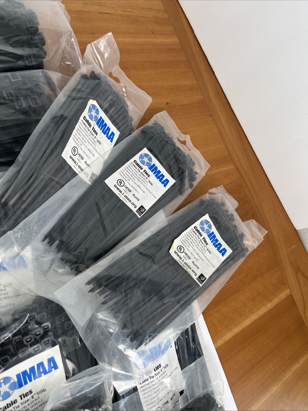 Lot of IMAA Zip Ties: 22 100 Piece Bags of 8” 50LB, 3 100 packs 8” 40lb, Etc