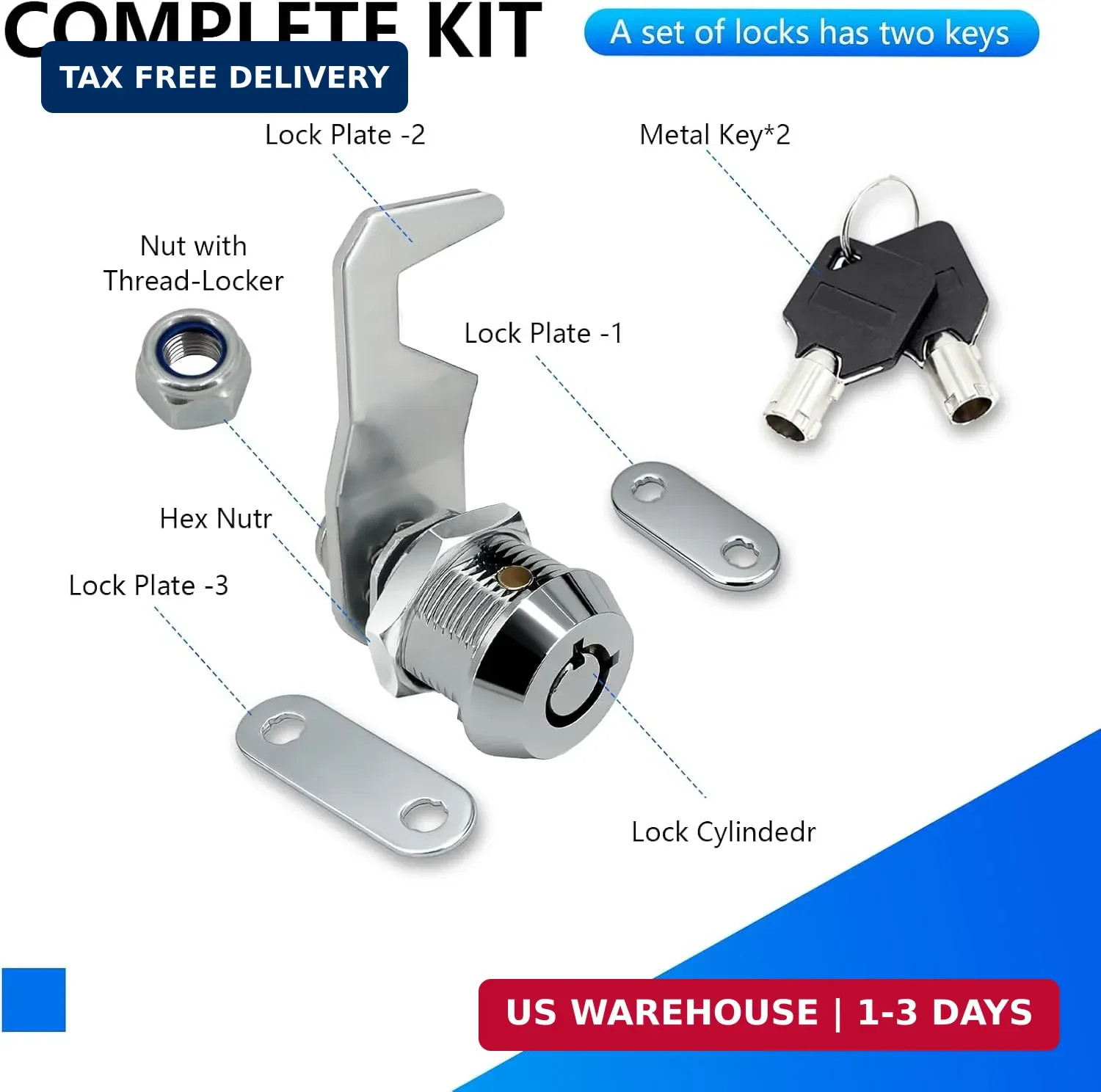 1Pack Toolbox Lock with Keys 5/8 Inch Cabinet Locks Keyed Alike Tubular Cam Lock
