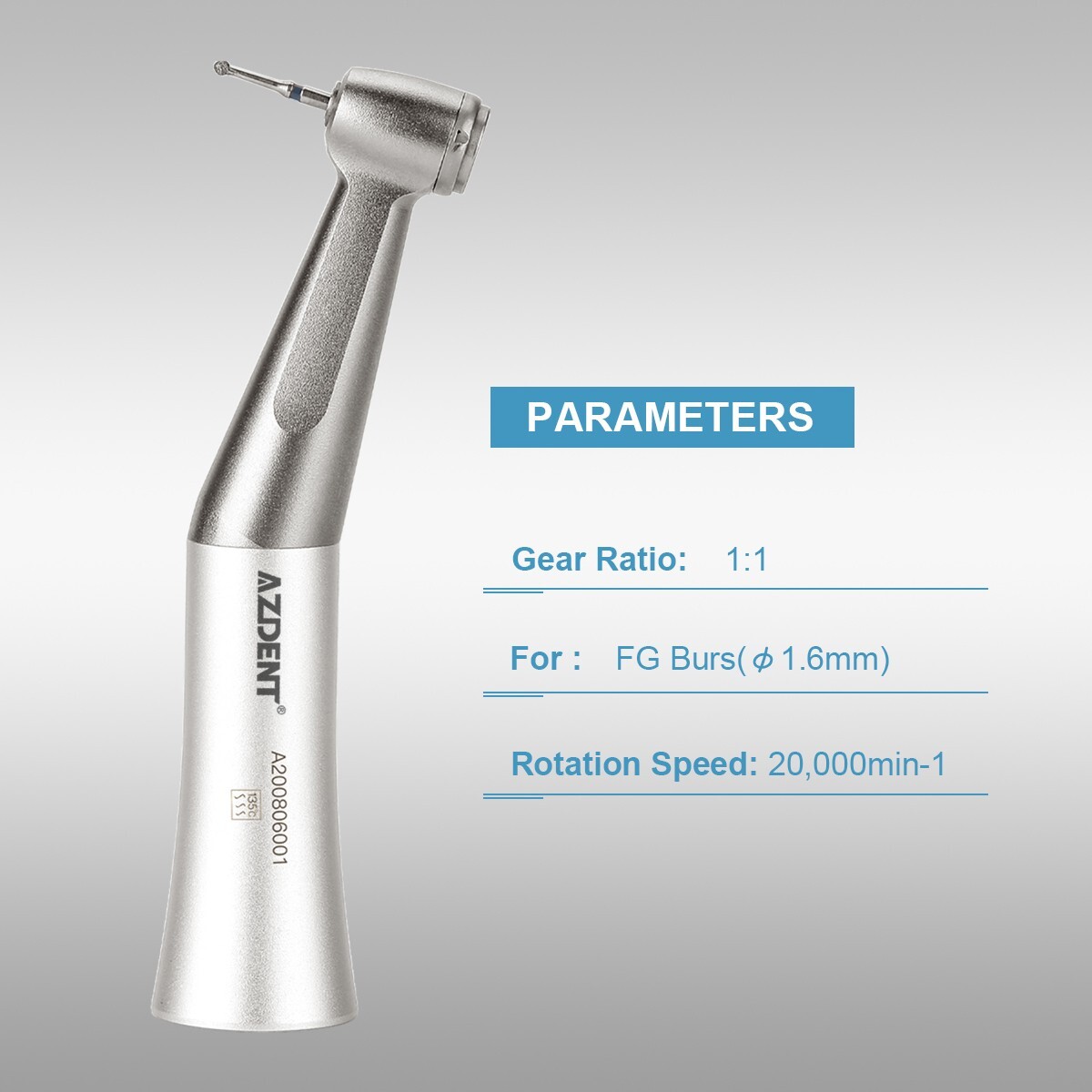AZDENT Dental Low Speed Contra Angle Handpiece Push Button Fit FG 1.6mm Burs