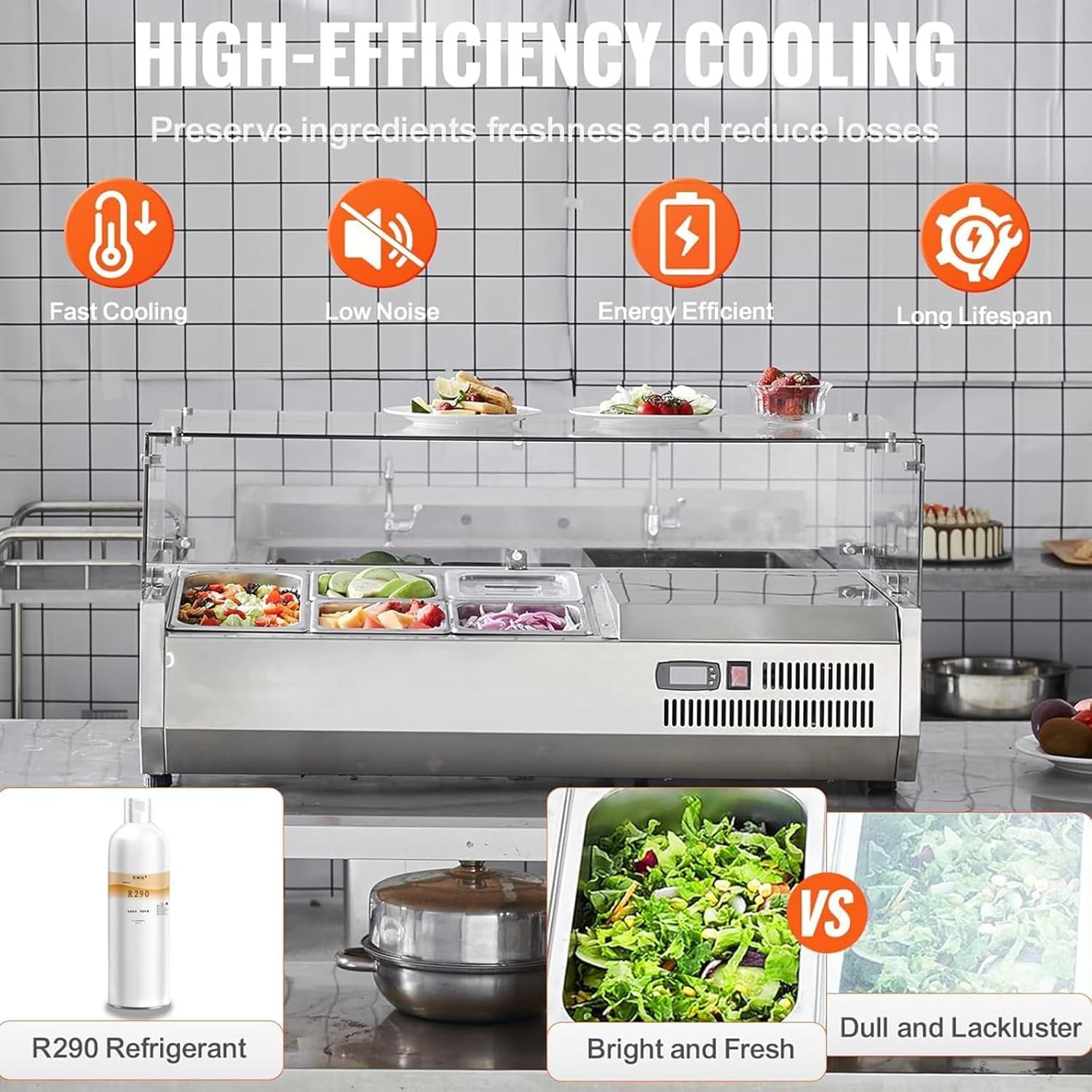 🔥130W Refrigerated Condiment Prep Station, Commercial Countertop Condiment Stat