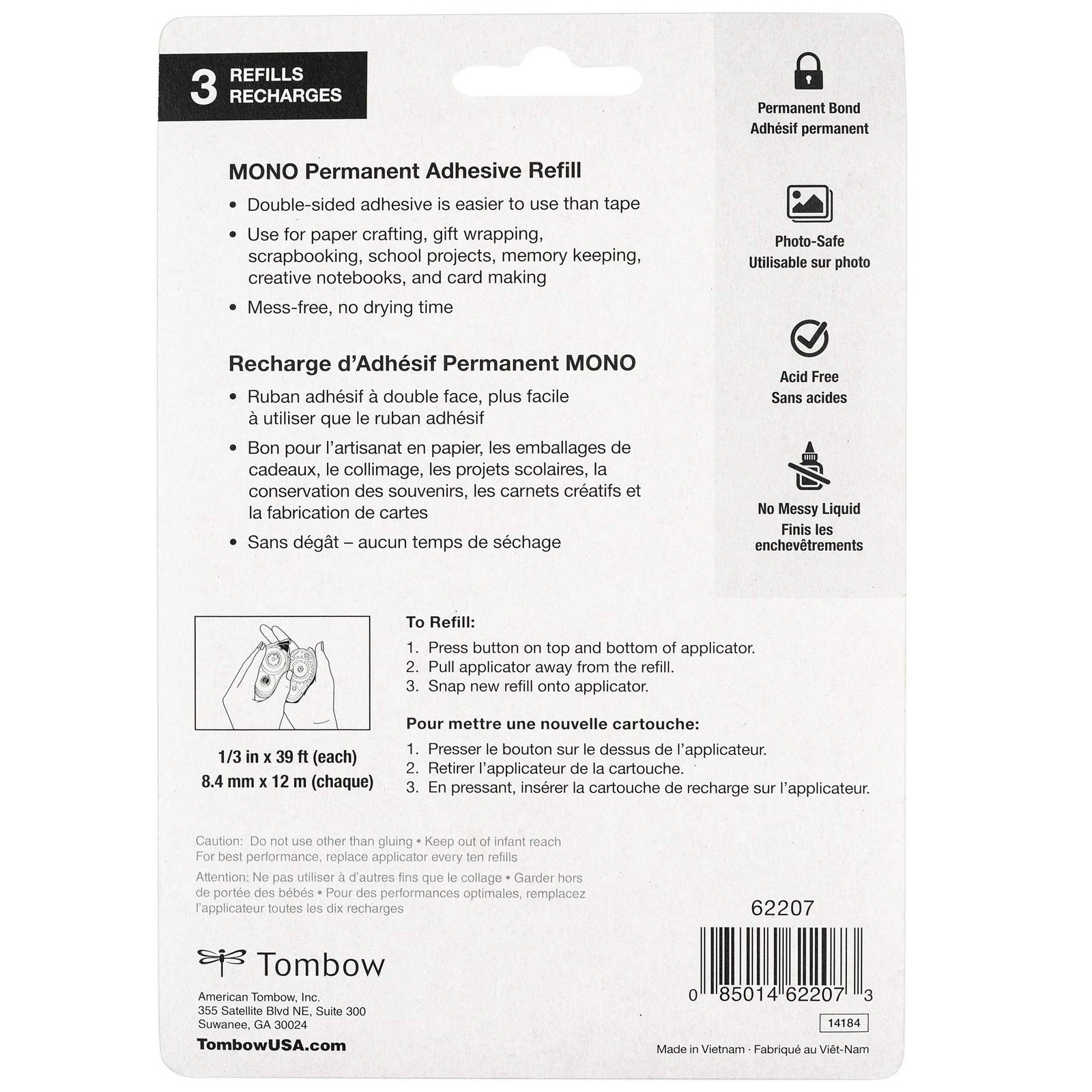 3 Pack 62207 MONO Permanent Adhesive Refills Easy To Use Strong Instant Bond