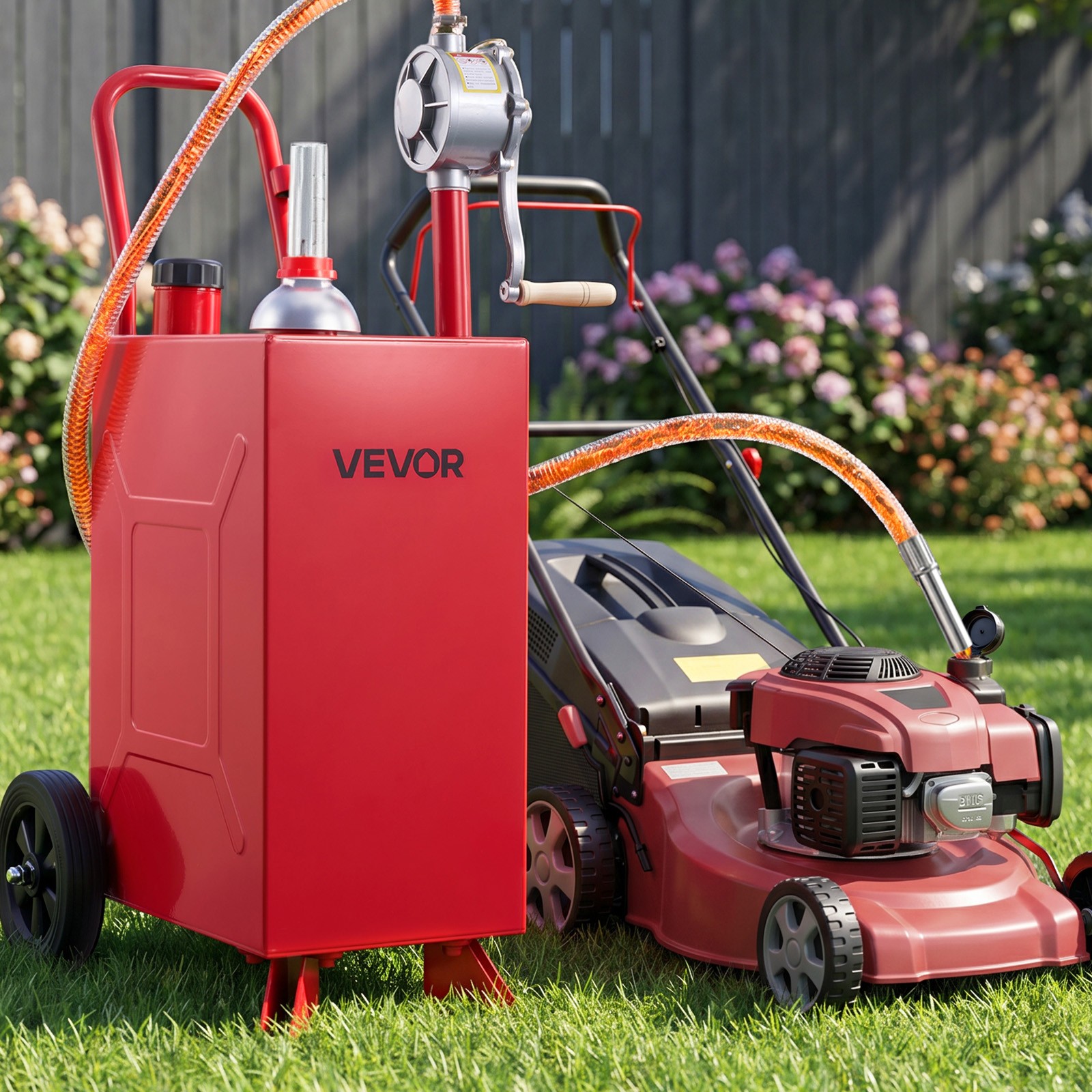 VEVOR 15 Gal Fuel Gas Caddy Portable Storage Tank with Manual Pump Wheels Red