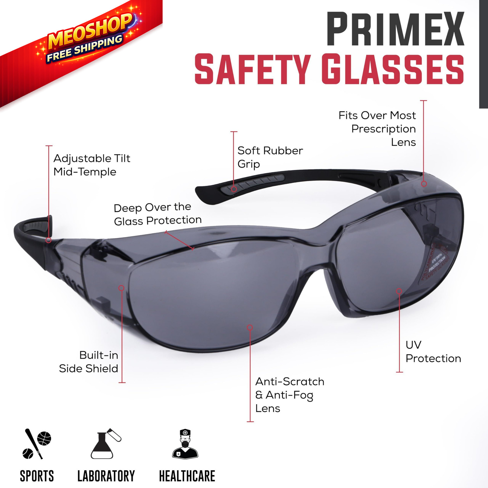 BISON LIFE PrimeX Anti-Fog Safety Glasses Over Eyeglasses with OSFM, Gray