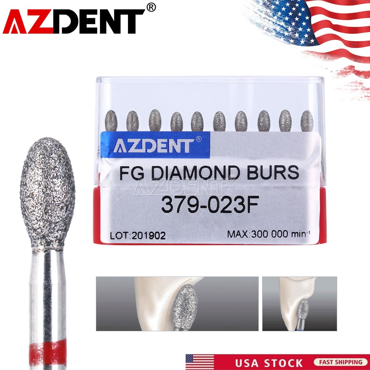 Dental Diamond Burs FOOTBALL 379-023F FINE RED DEFEND Friction Grip 10Pcs/Pack