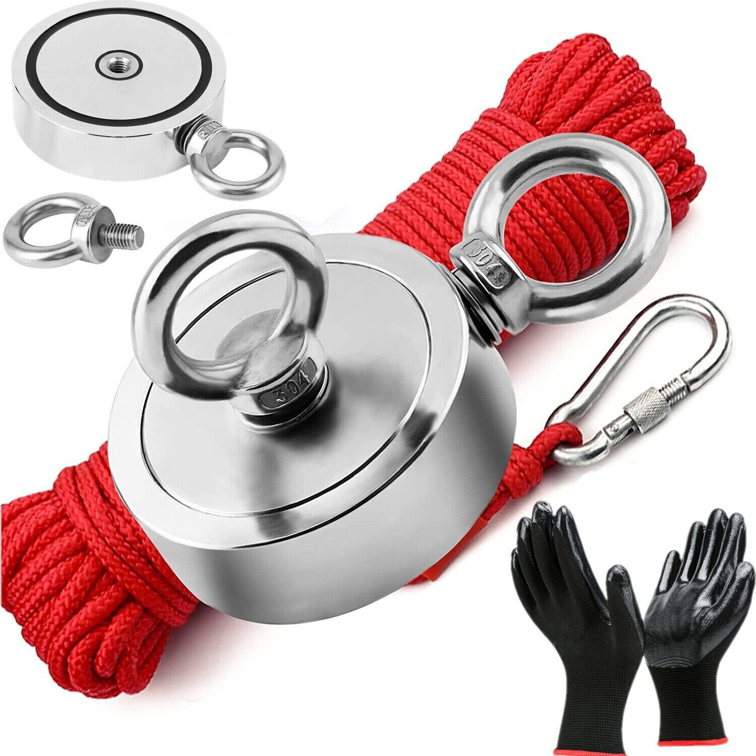 Up to 2000 Lbs Fishing Magnet Kit Pull Force Strong Neodymium + Carabiner + Rope