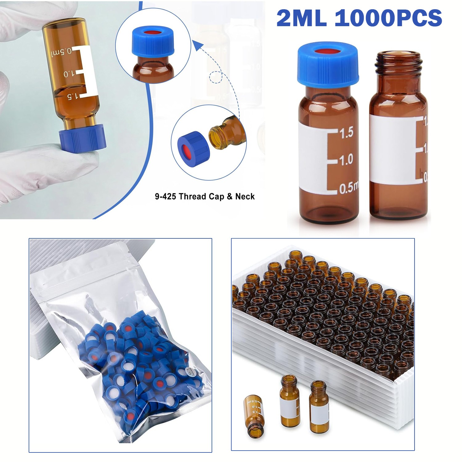 2mL Autosampler Vials 1000pcs, 9-425 Amber Borosilicate Glass with Caps for HPLC