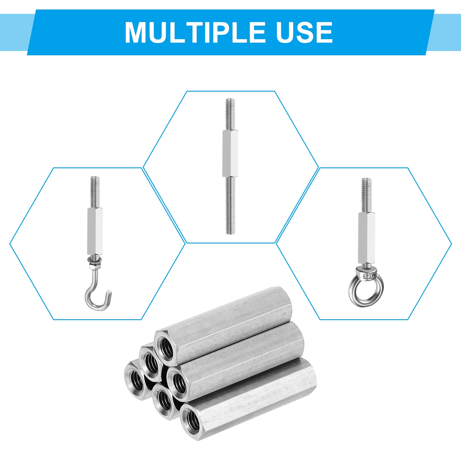 6Set M10 x 1.25 Pitch 25mm Length Stainless Steel Hex Coupling Nut Connector