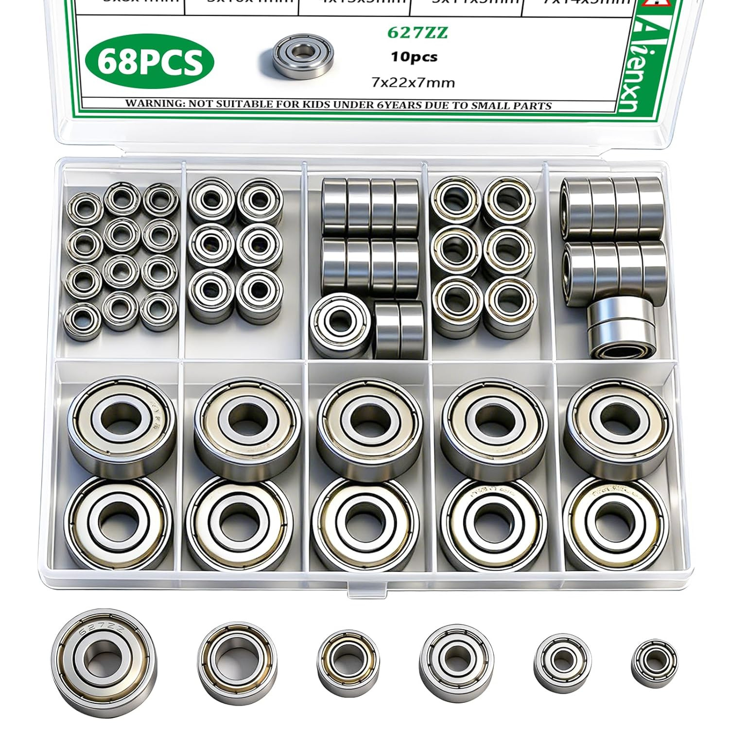 68PCS Ball Bearing Kit, 6 Sizes-693Zz,623Zz,624Zz,685Zz,687Zz,627Zz Carbon Steel