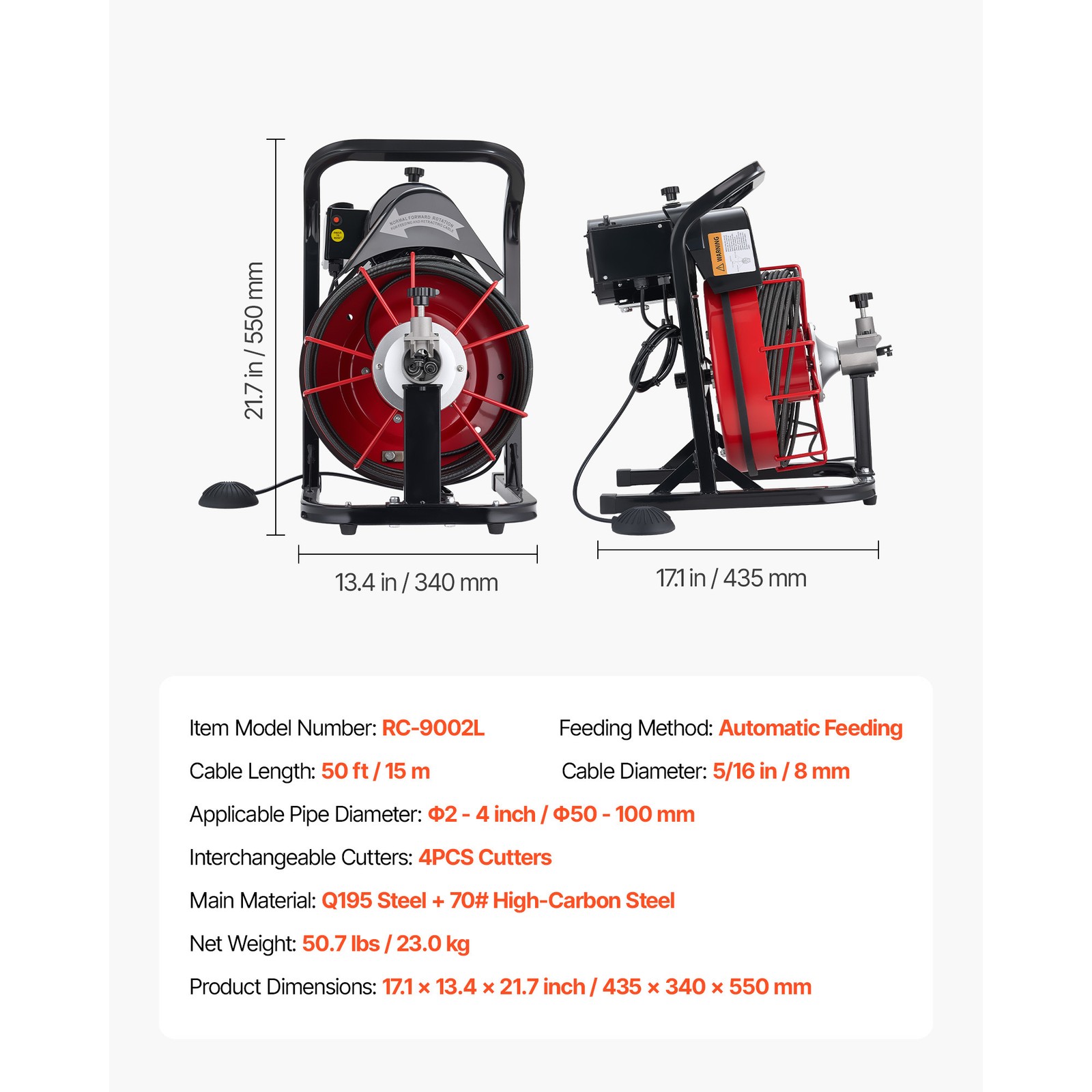 Uimoso Electric Drain Auger Machine with 50FT x 5/16 Inch Cable and Auto Feed