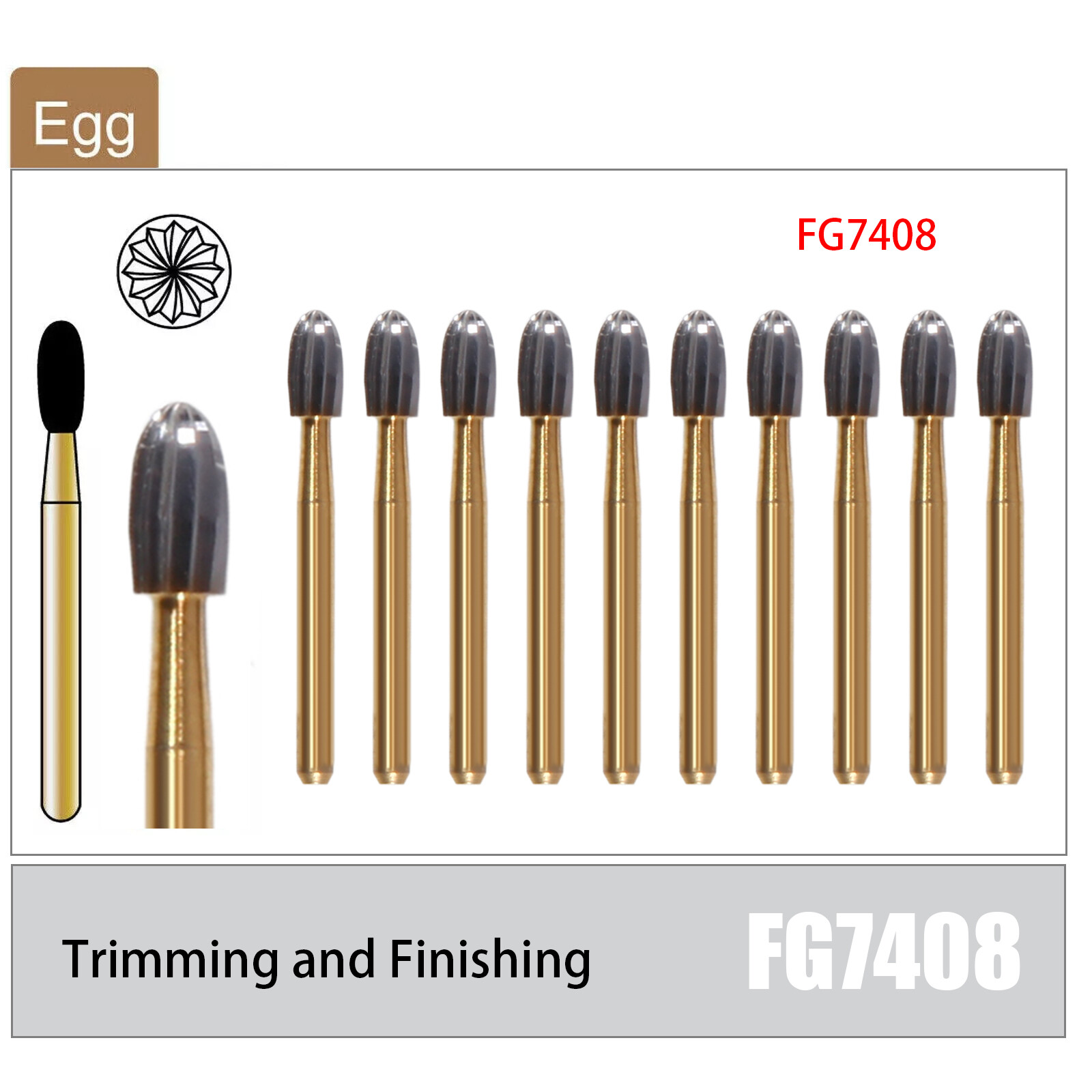 10 Pcs Dental Tungsten Carbide Burs Trimming & Finishing 7408 19mm Egg shape st