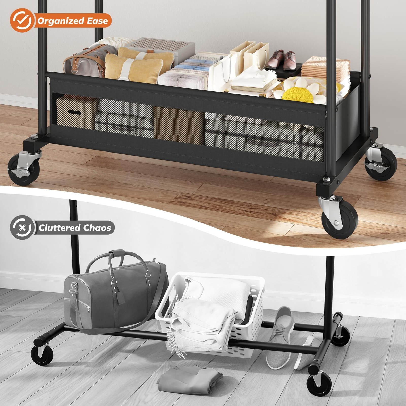 Clothes Rack, Double Rod, 210 LBS, Storage Basket, Black | Rolling Garment Ra…