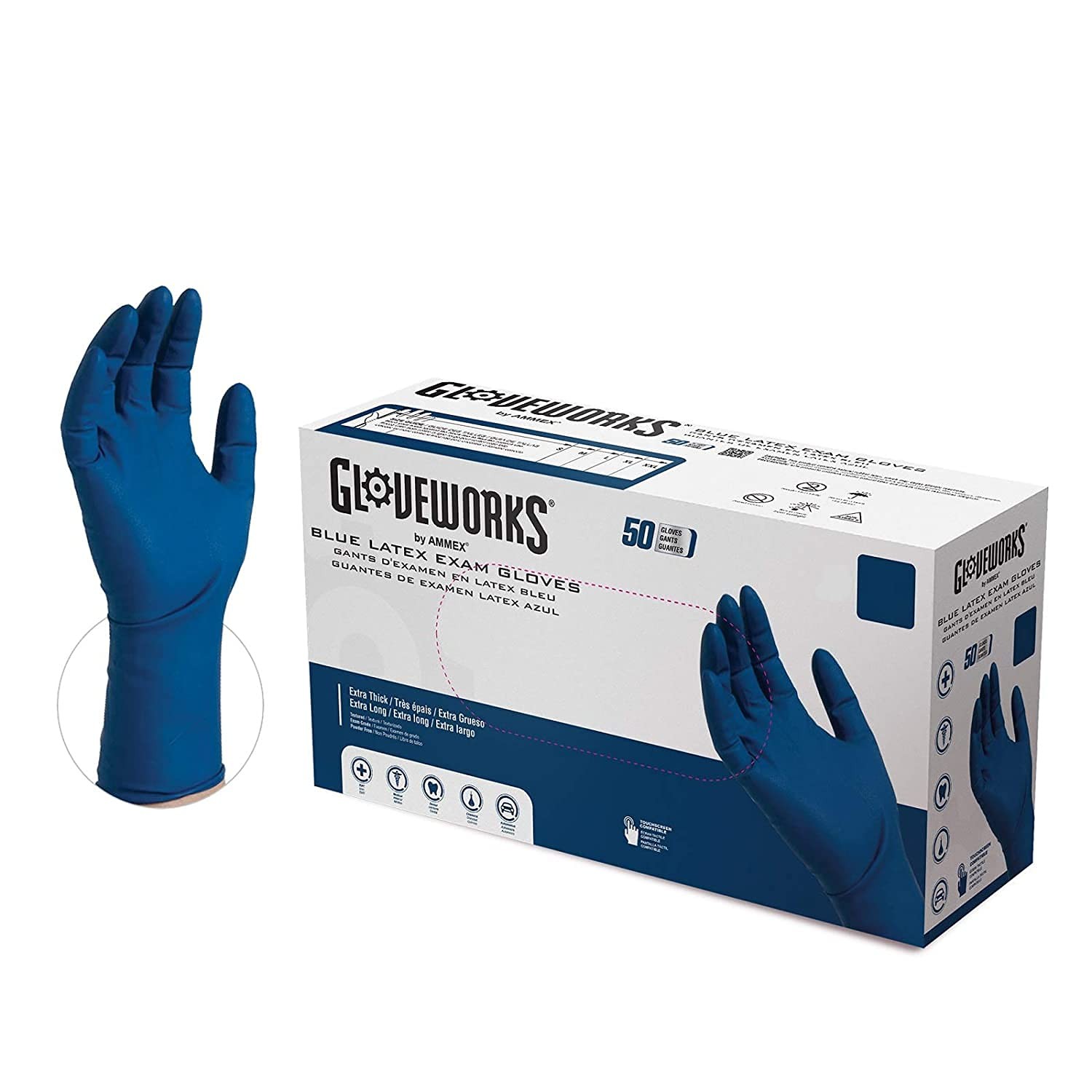 GLOVEWORKS HD Medical Blue Latex Gloves, Box of 50, 13 Mil, Size Medium, 12 I…