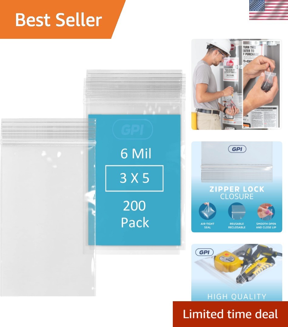 6 Mil, Extra Heavy-Duty, 3″ x 5″ Clear Plastic Reclosable Zip Bags, Puncture-…
