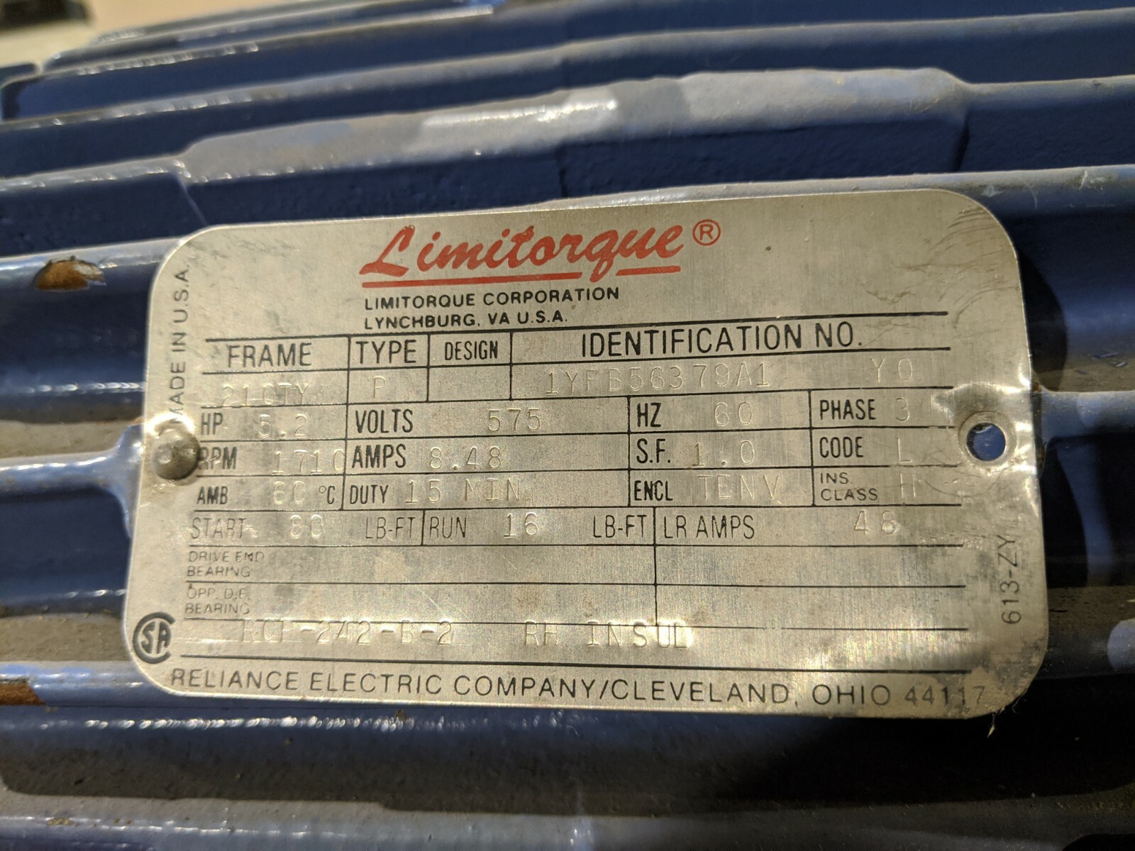 Limitorque 1YFB56379A1 YQ Nuclear Service Motor 575V 3PH 5.2HP 1710RPM 8.48A