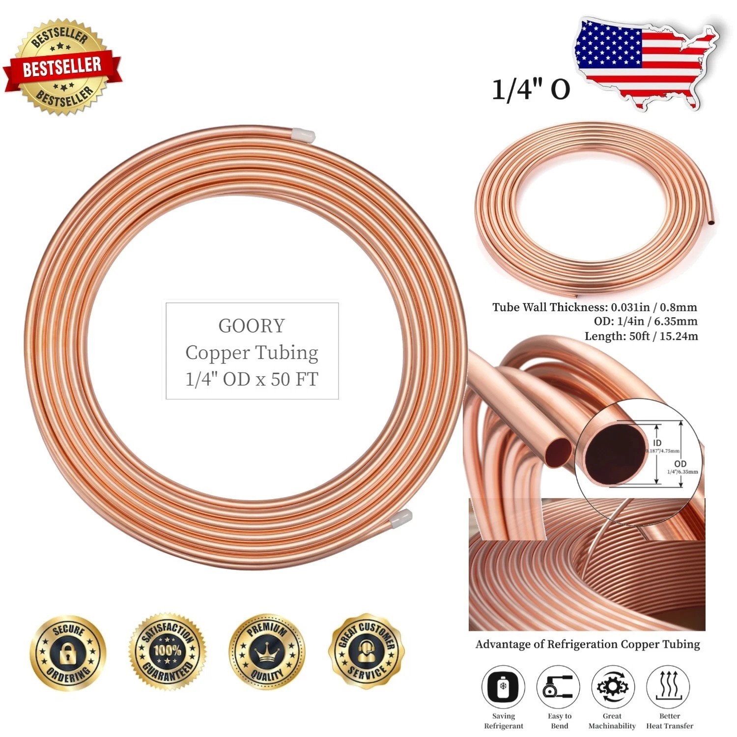 1/4″ OD Copper Refrigeration Tubing 50ft – ASTM B280 Soft Coil