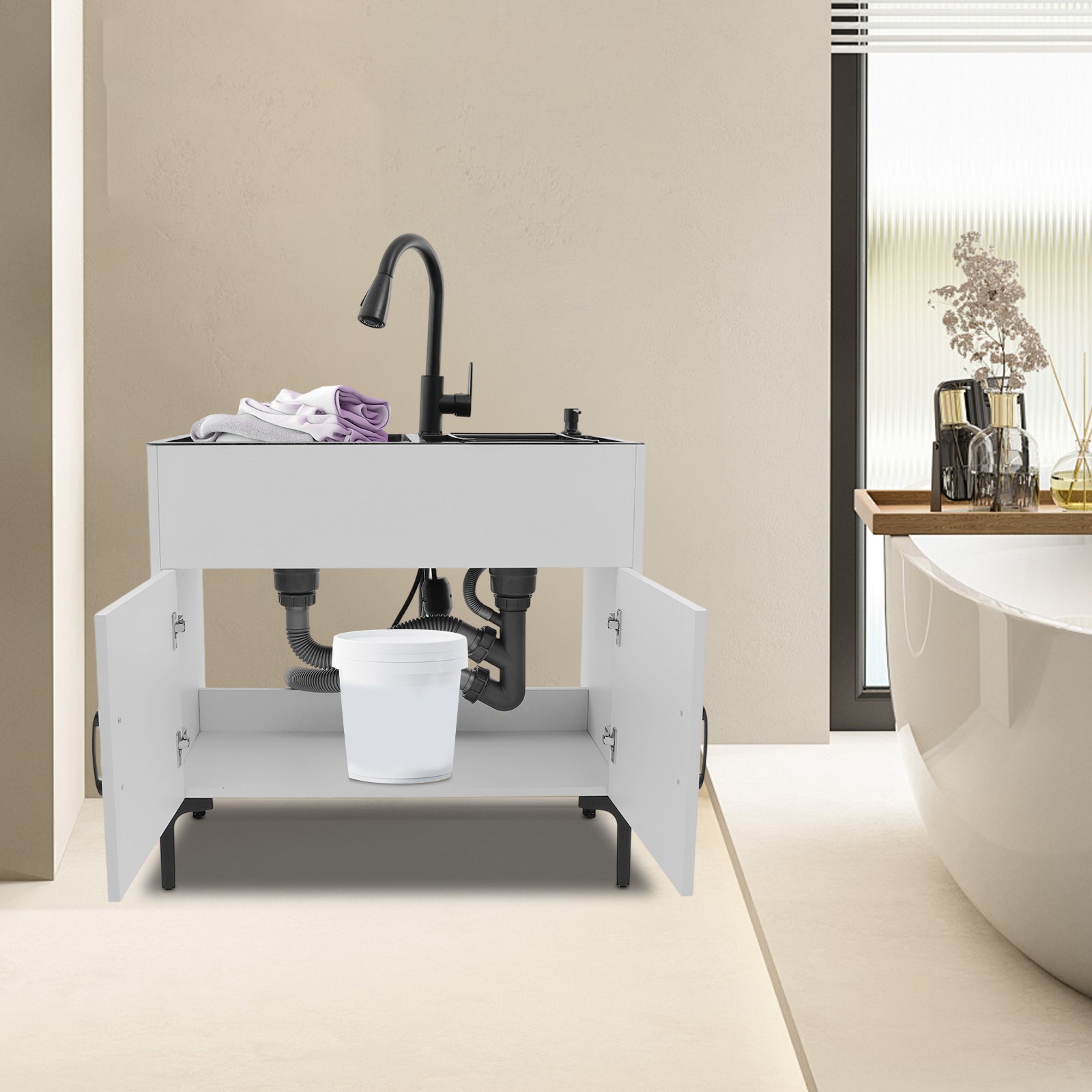 Sink with Pull-Out Faucet and Cabinet Freestanding Kitchen Sink with Cabinet