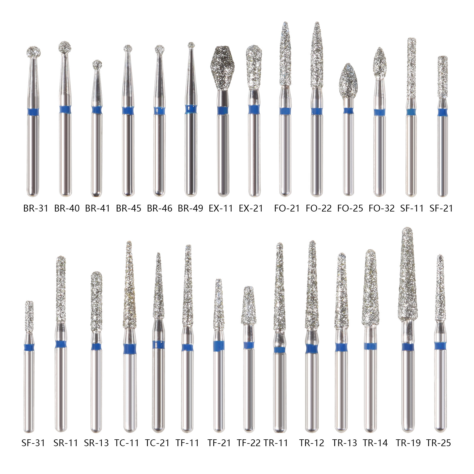 100pcs Dental Diamond Burs Drill FG1.6mm For High Speed Handpiece 100 TYPES