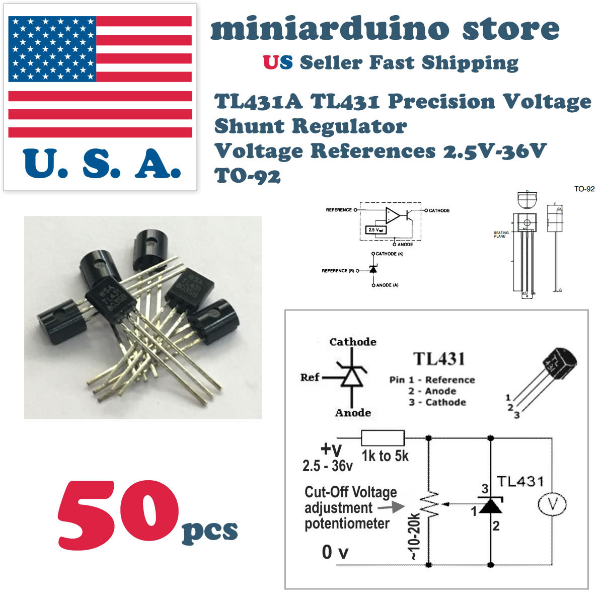 50pcs TL431ACL TL431 Adjustable Precision Shunt Regulator To-92 IC 2.5 – 36V
