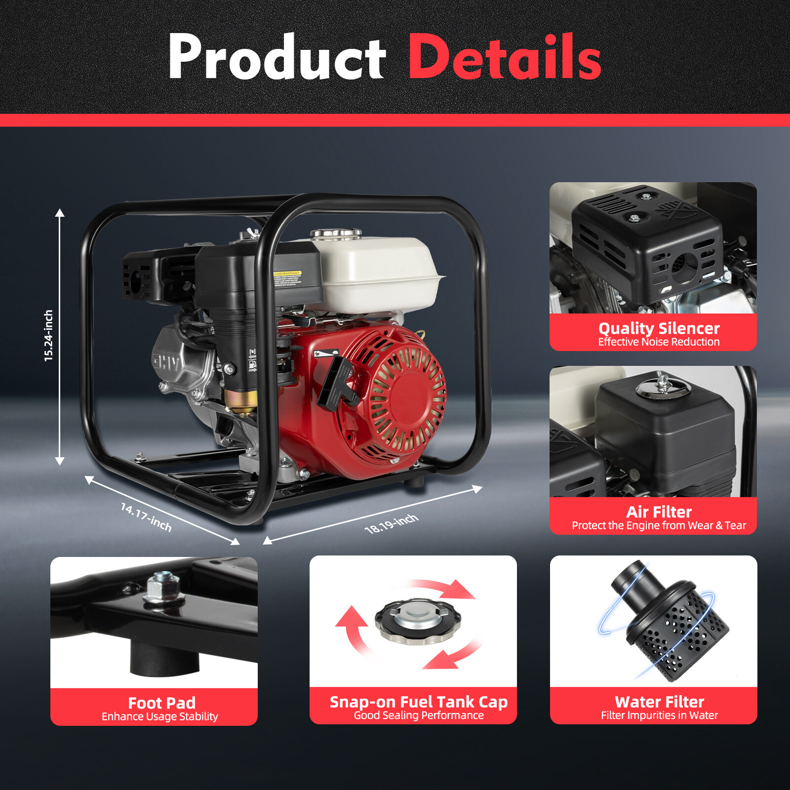 2″ Inch 6.5HP Gas Water Semi Trash Pump Gas-Power Water Irrigation Transfer Pump