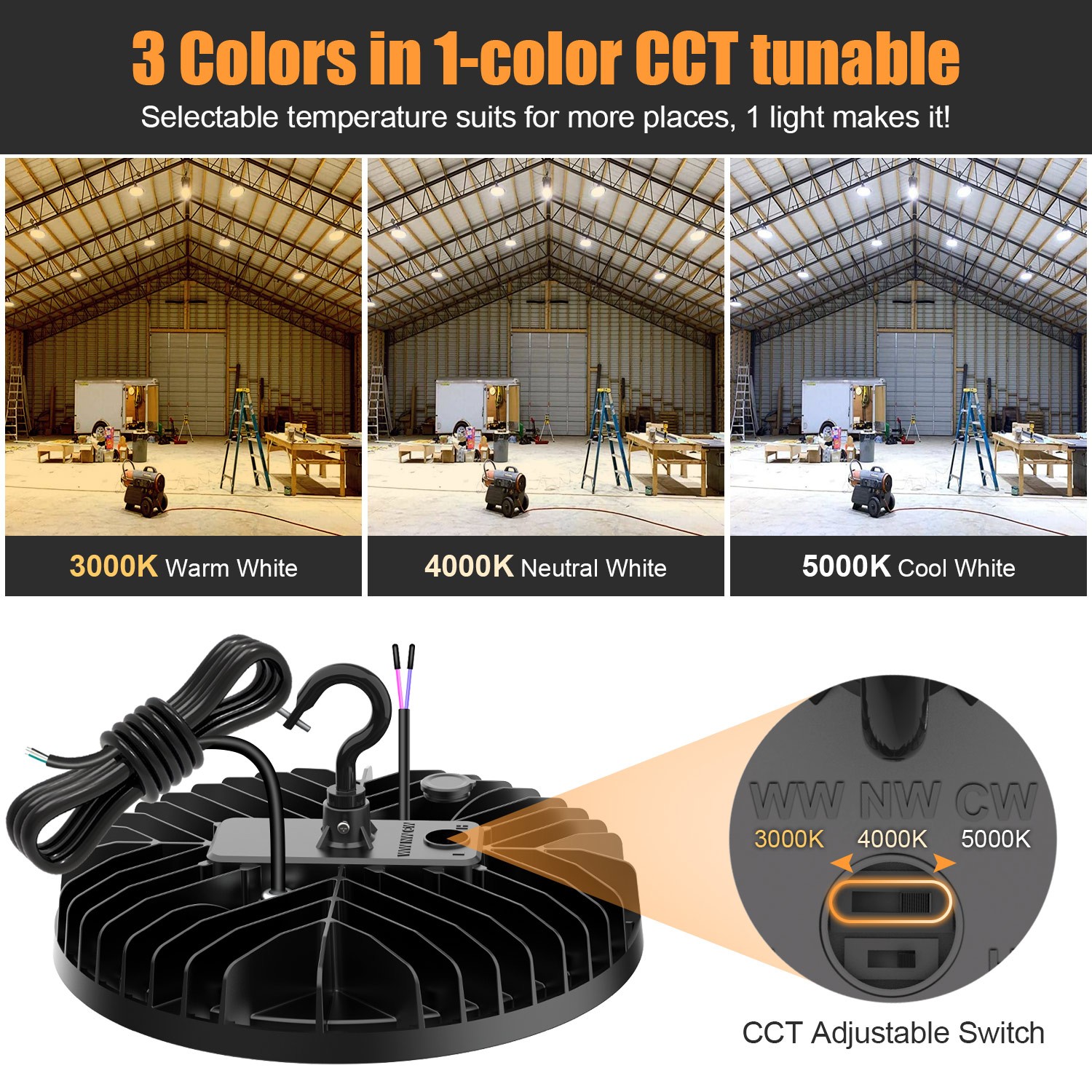 KUKUPPO 240W LED High Bay Light Dimmable Shop Light 4500K 5000K 5700K Adjustable