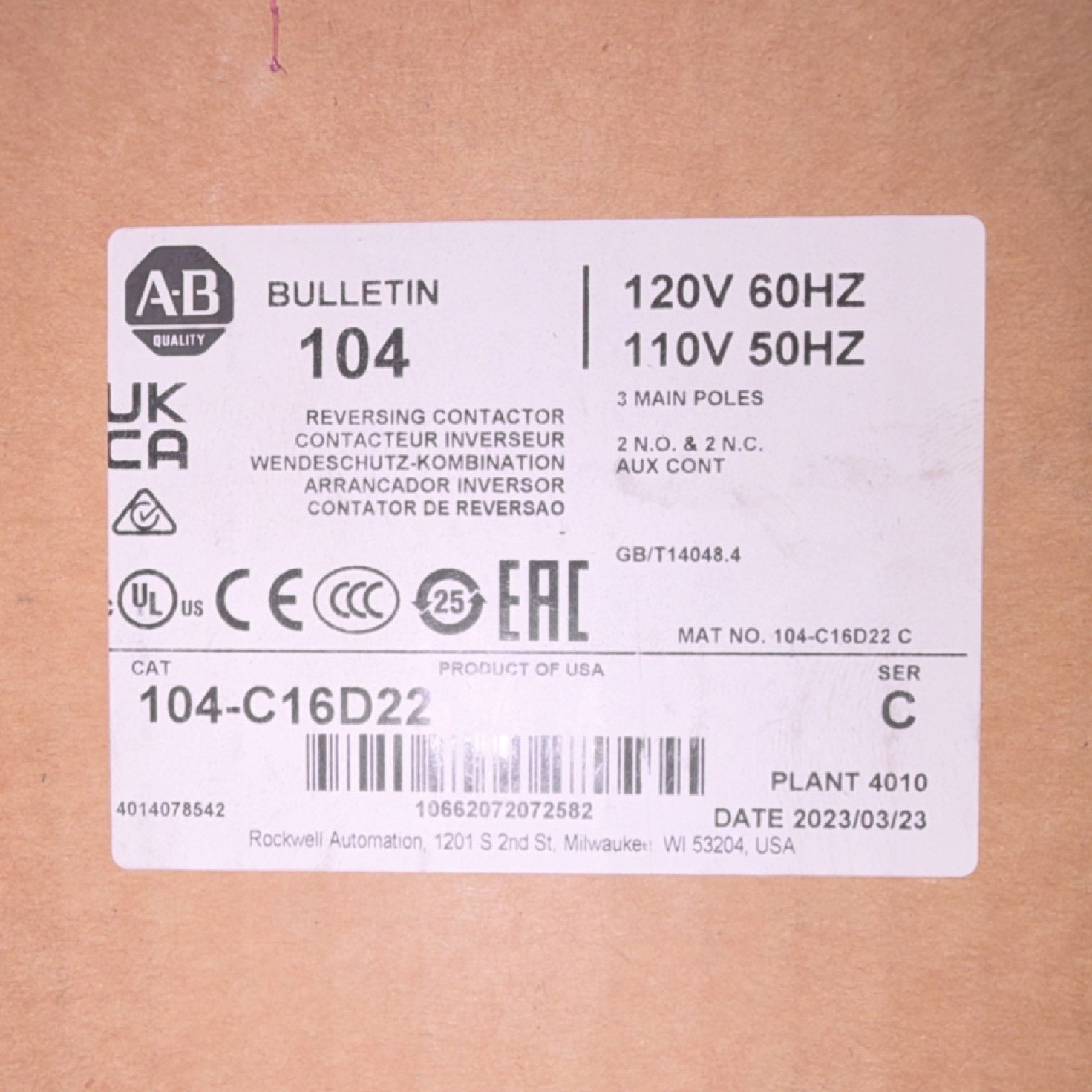 Allen-Bradley 104 Reversing Contactor 104-C16D22 120V 60Hz 110V 50Hz 3P 2NO 2NC