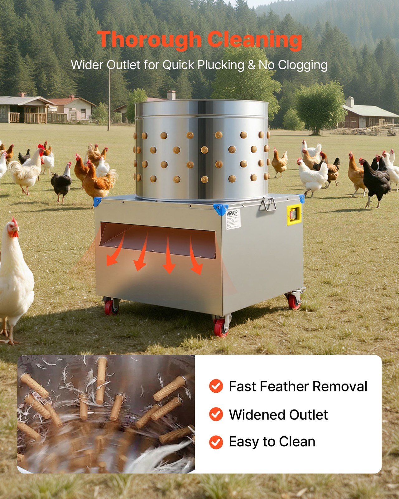 VEVOR 23.6″ Electric Chicken Plucker Machine 2200W & 275RPM 119 Fingers & Wheels