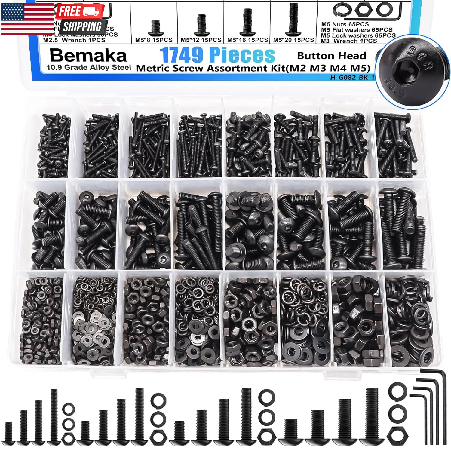 1749 PCS Metric Screw Assortment Kit M2 M3 M4 M5 Bolts, Nuts, Lock & Flat Washer
