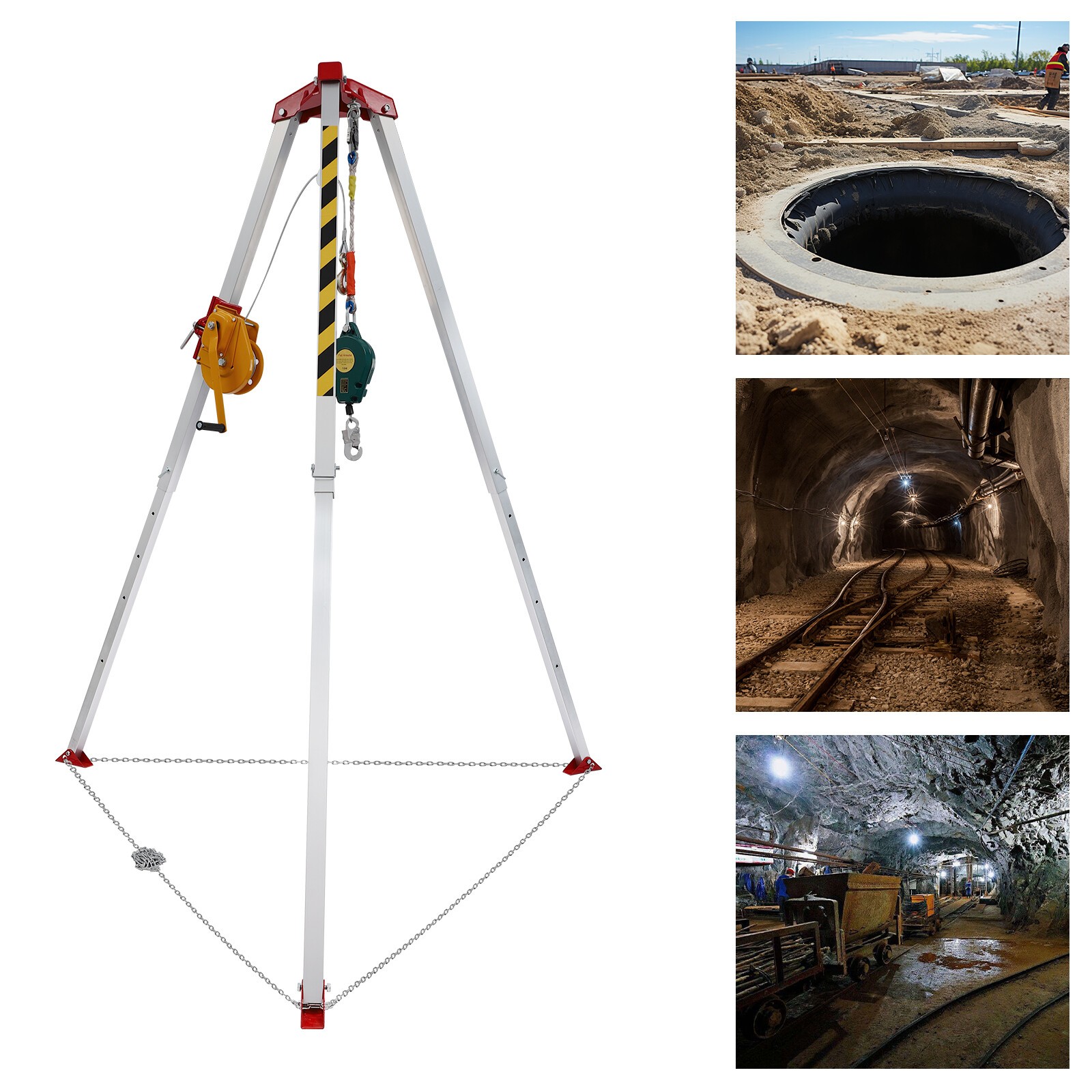 Confined Space Tripod Kit 1800lb Winch w/5.2ft-8ft Adjustable Legs Rescue Tripod