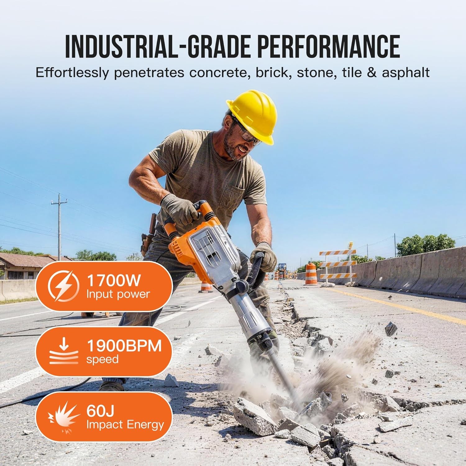Electric Demolition Jack-Hammer Concrete Breaker 1700W 1900 BPM 60J 2 Chisels