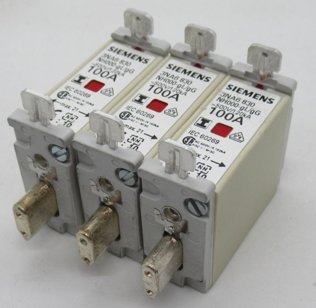 SIEMENS LV HRC FUSE NH000-GL/GG 100A 500V AC, 250V DC, 3NA6830, (PACK OF 3)
