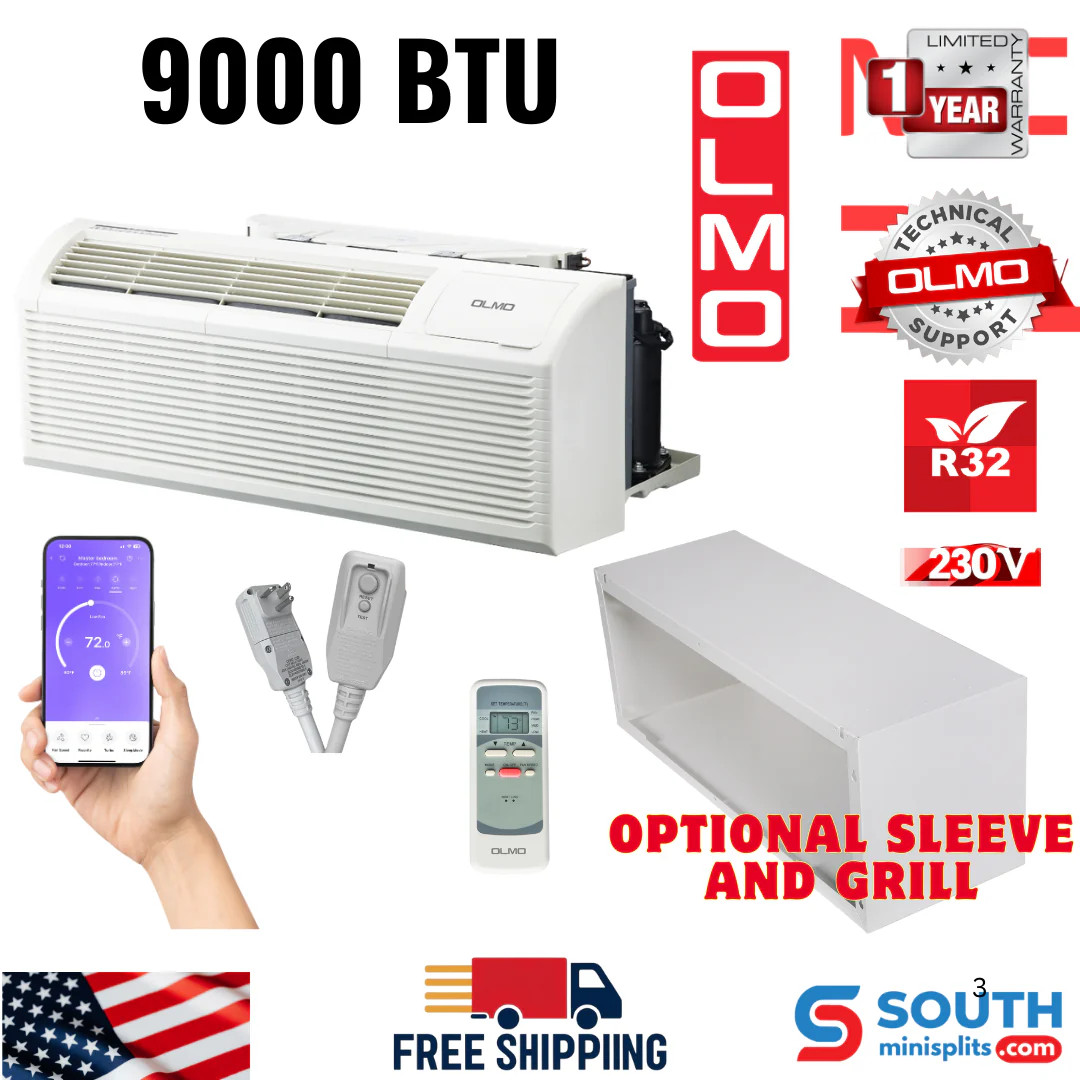 OLMO 9,000 BTU Smart PTAC AC w/ Heat Strip 230V PTHP Heating & Cooling W/ Remote