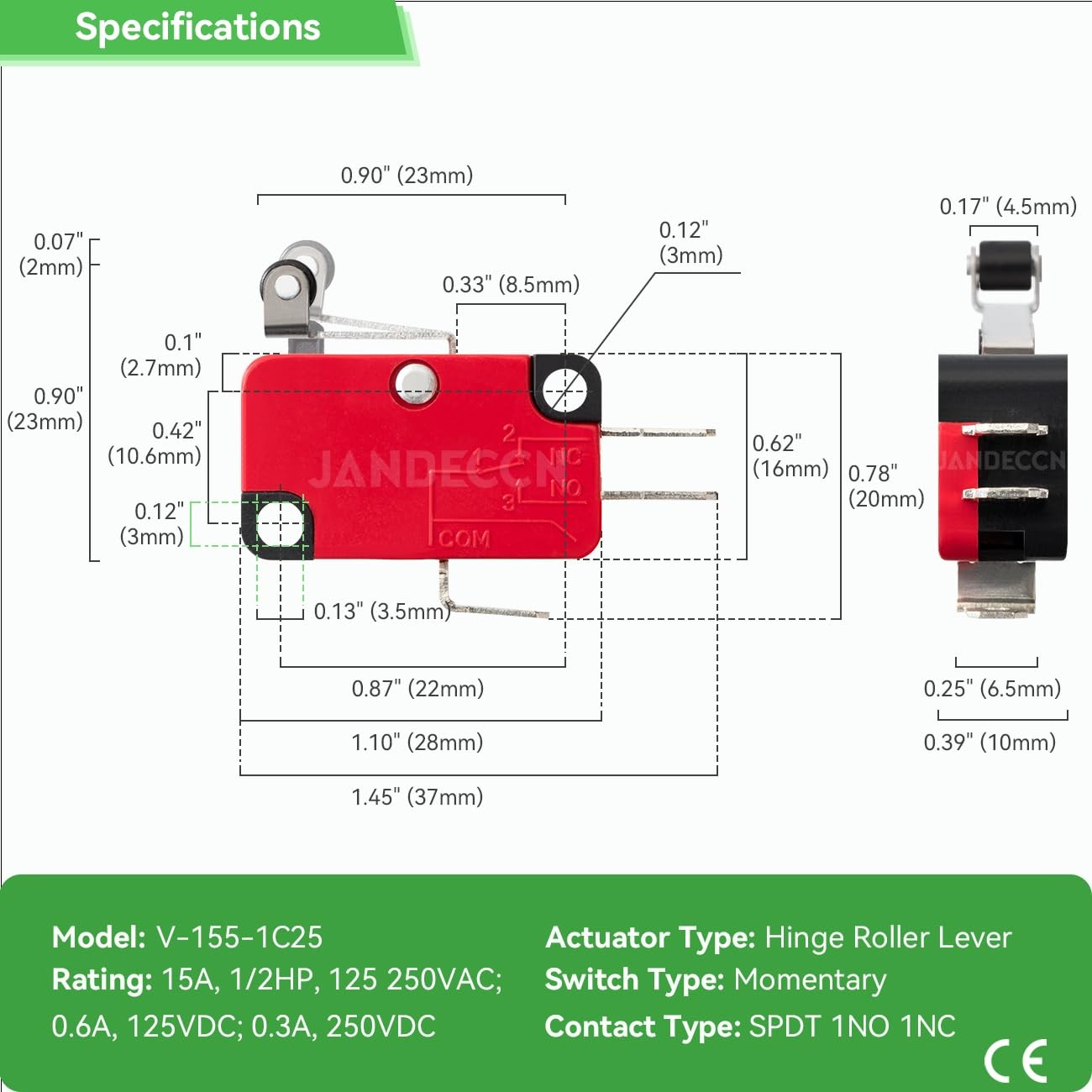 10Pcs Lead Limit Switch Short Hinge Roller Arm SPDT 1NO 1NC Style: V-155-1C25