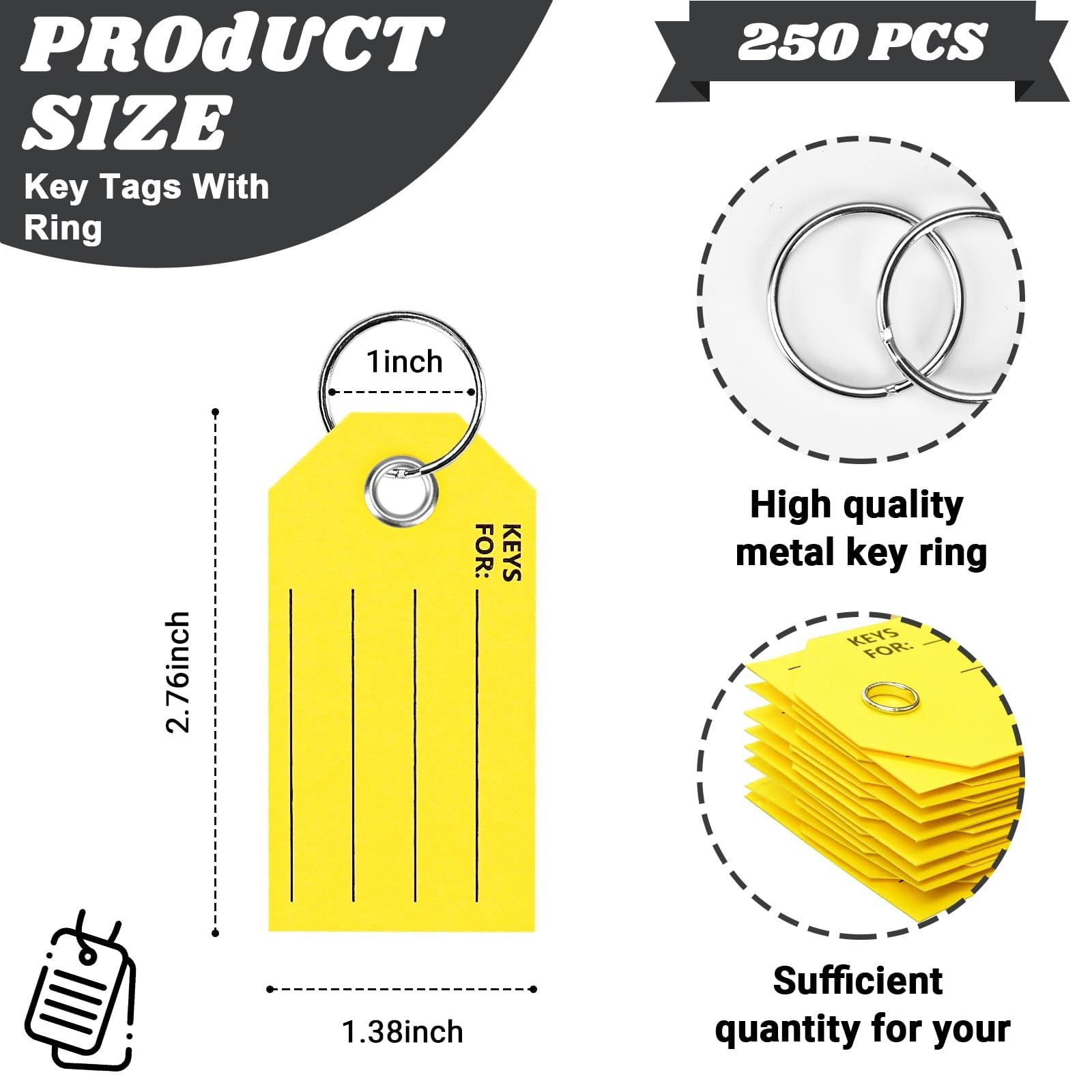 250 Yellow Key Tags with Labels & Rings – 1.38×2.76 Inches, Ideal for Car Dealer