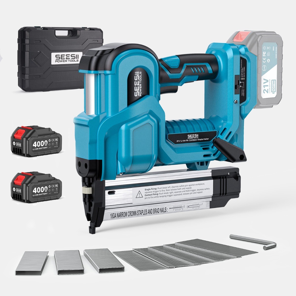SEESII 2-in-1 21V Cordless Electric Pneumatic Nail Gun 18GA 2×4.0Ah & Charger