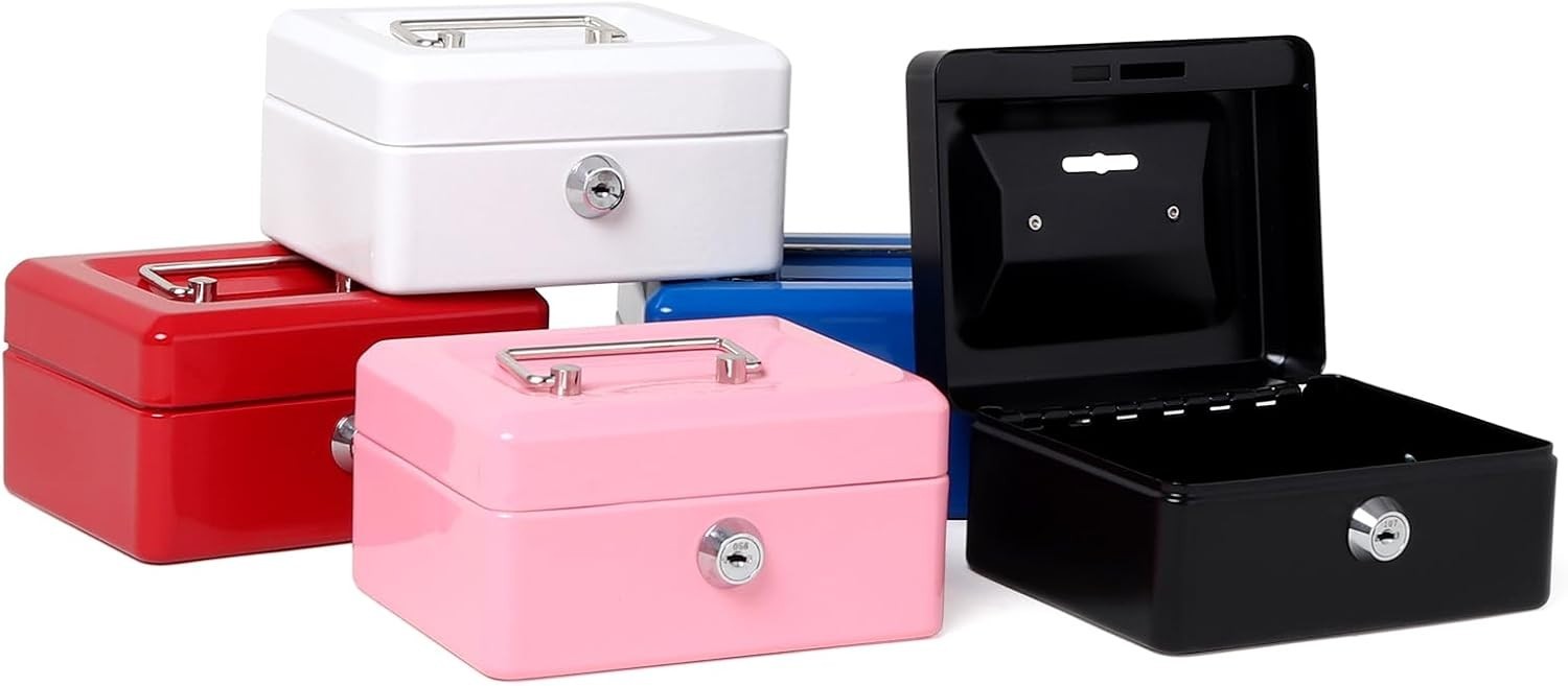 Compact Black Metal Lock Cash Box for Secure Storage – 5.91 x 4.72 x 2.95 in.