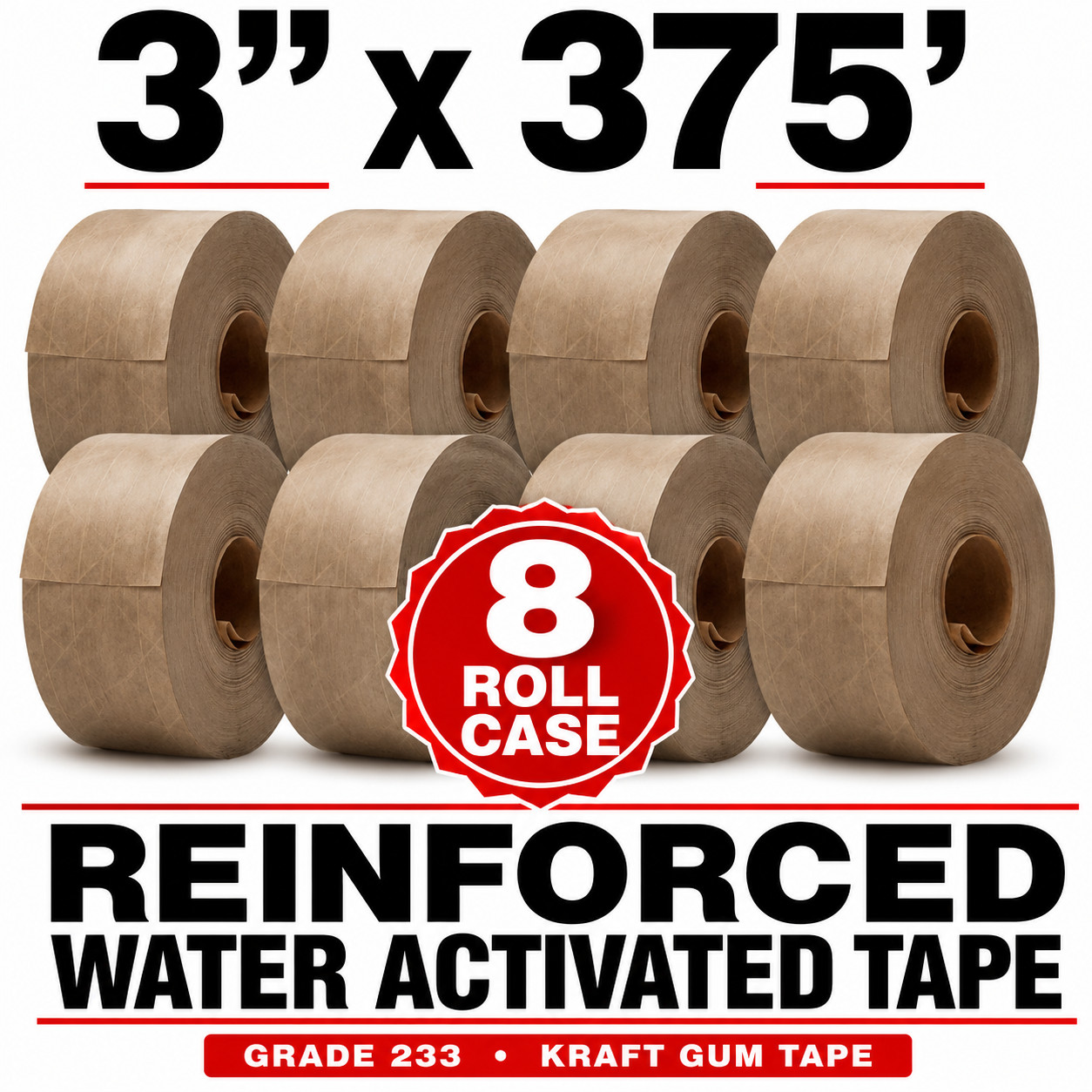 8 Rolls Reinforced Water Activated Tape 3″ x 375′ Grade 233 Kraft Gum Tape Box