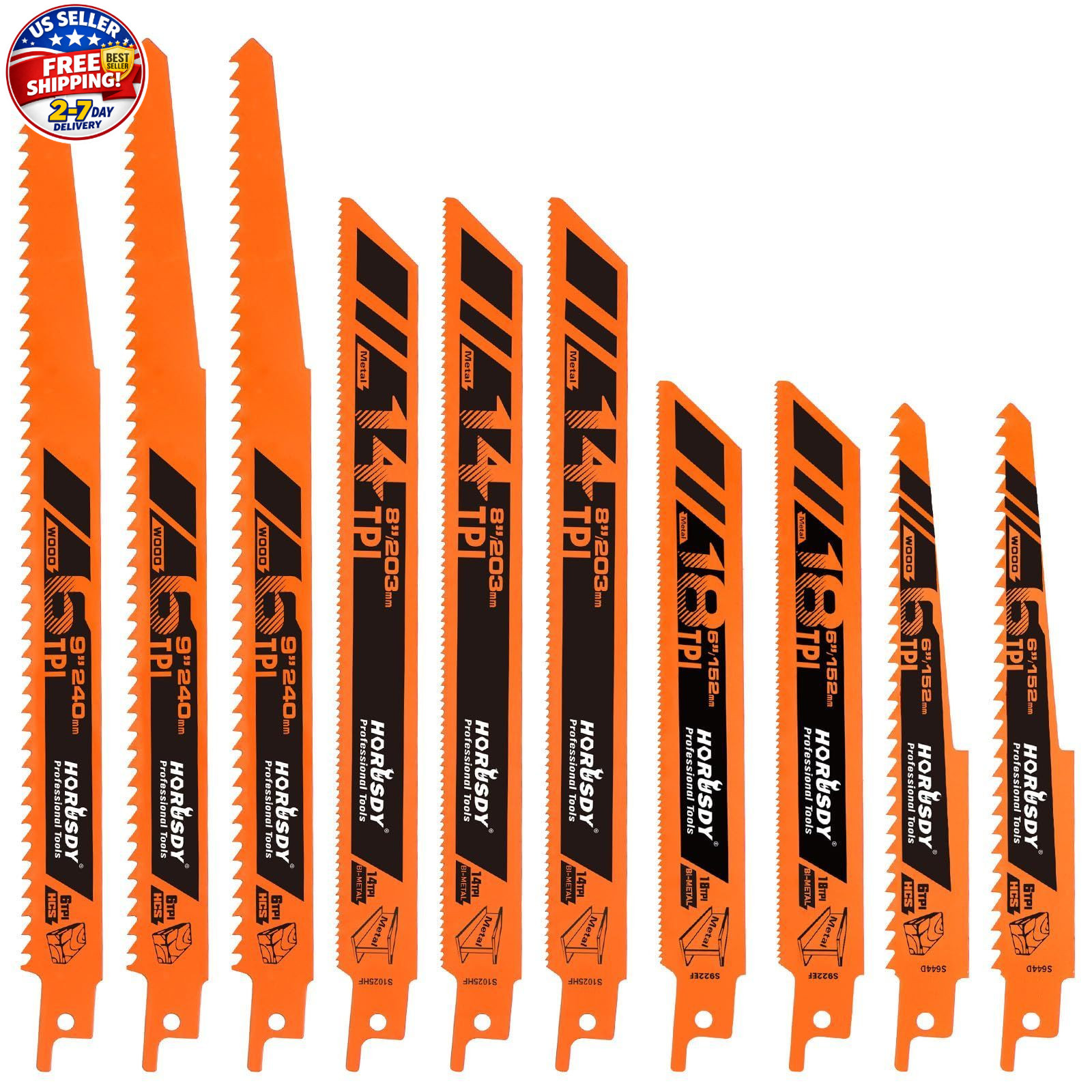 HORUSDY 10-Piece Reciprocating Saw Blades Set with Storage Case, 6″ 8″ Orange