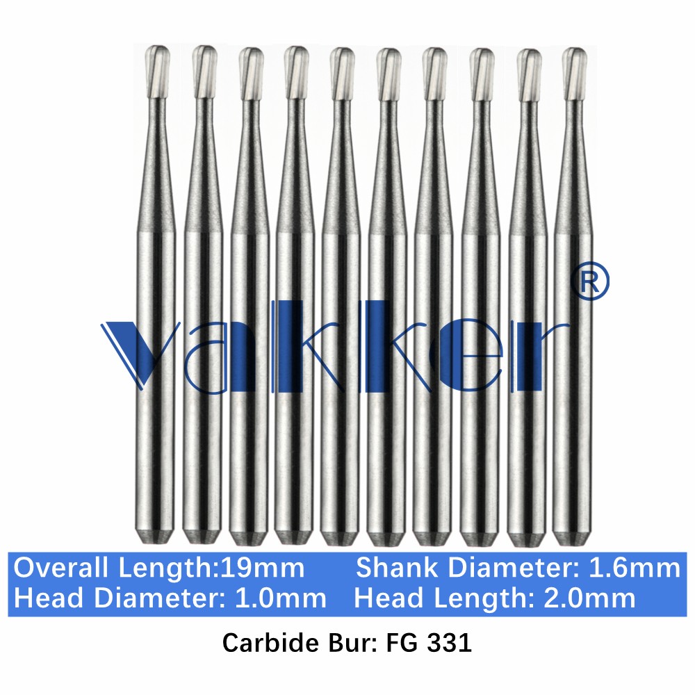 10-100pc Vakker Dental Carbide Burs FG331 19mm FG Pear Drill Bits for High Speed