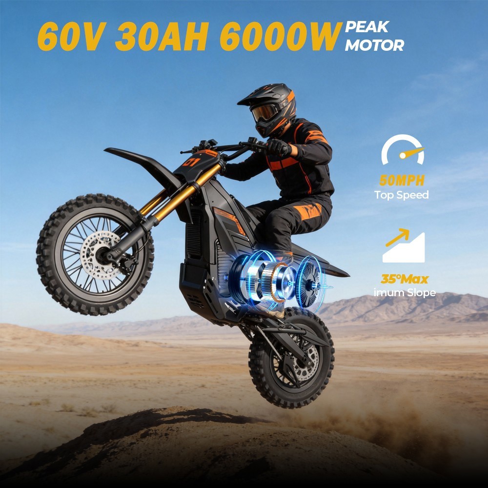 Adult Electric Dirt Bike Peak 6000W 60V/30AH 50MPH Off-Road Motorcycle E-Bike