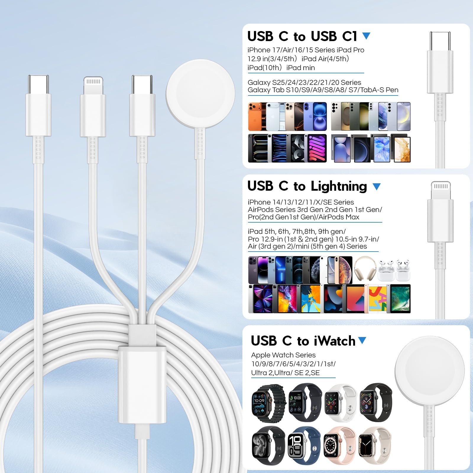 Upgraded Apple Watch Charger, 3 in 1 Multi Charging Cable 6FT, Magnetic Fast …