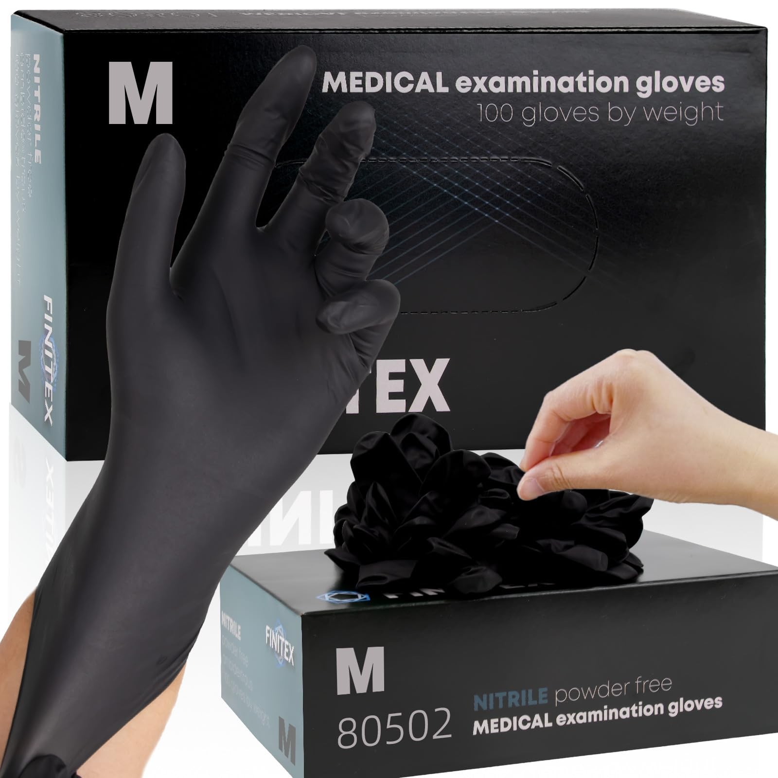 FINITEX – Black Nitrile Disposable Gloves, 5mil, Powder-free, Medium,