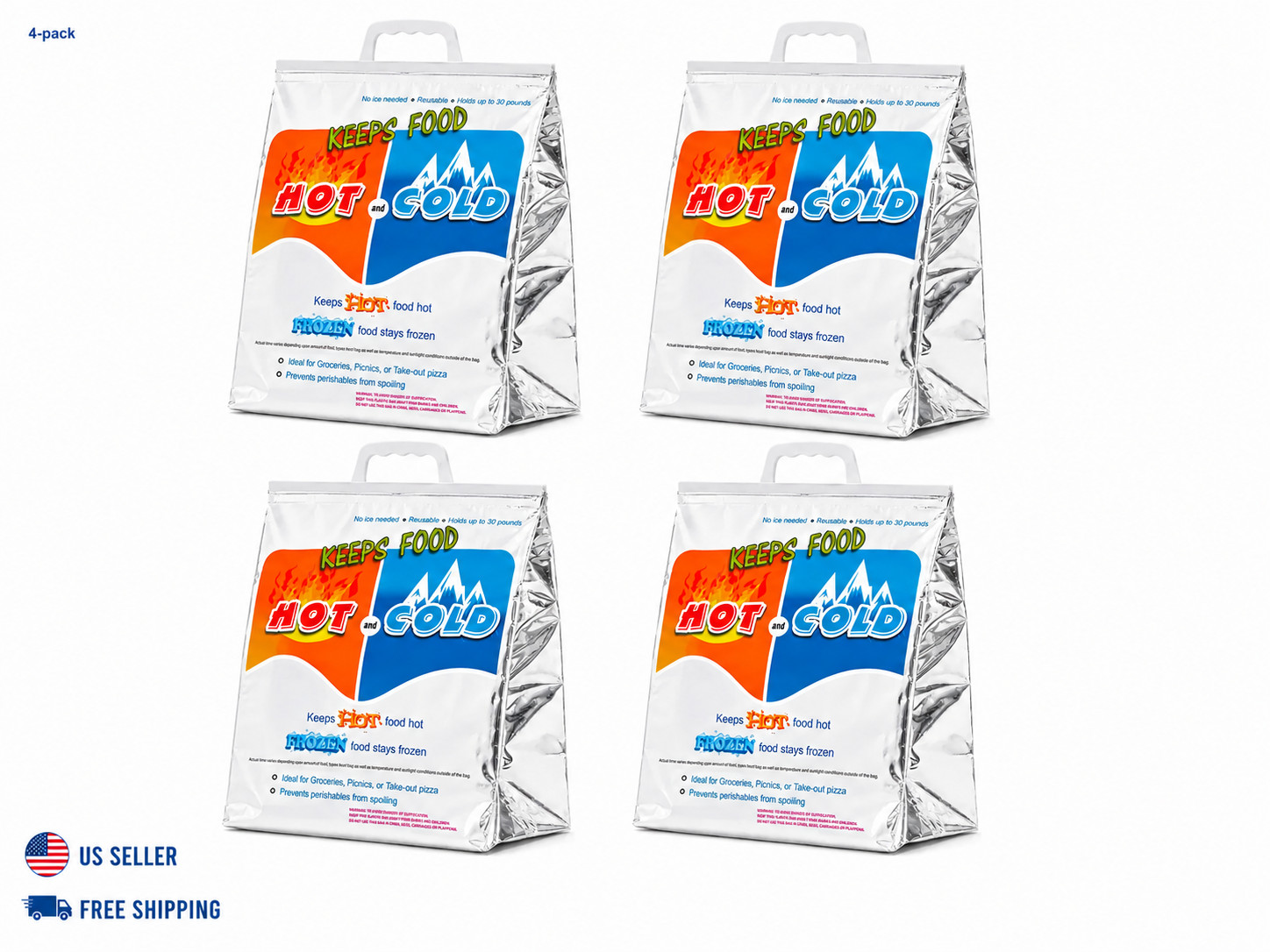 4 Pack Hot and Cold Insulated Bags for Food Delivery, Grocery Shopping Bags