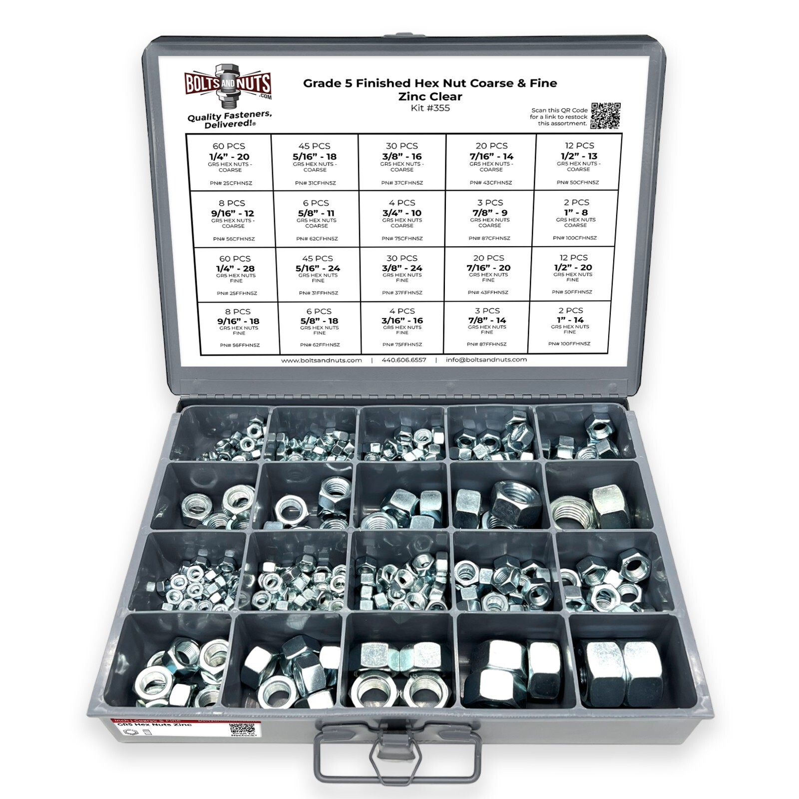 Grade 5 Finished Hex Nut Coarse & Fine Zinc Clear Assortment – 381 PCS