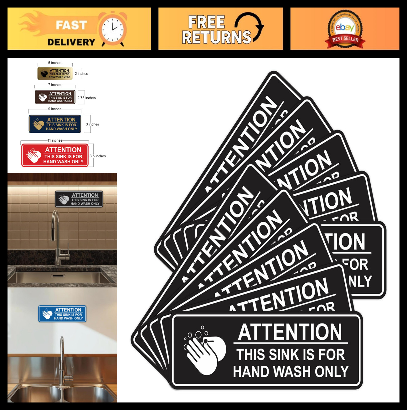 Hand Wash Only Sink Sign – Large 10 Pack, Durable Black Warning Labels