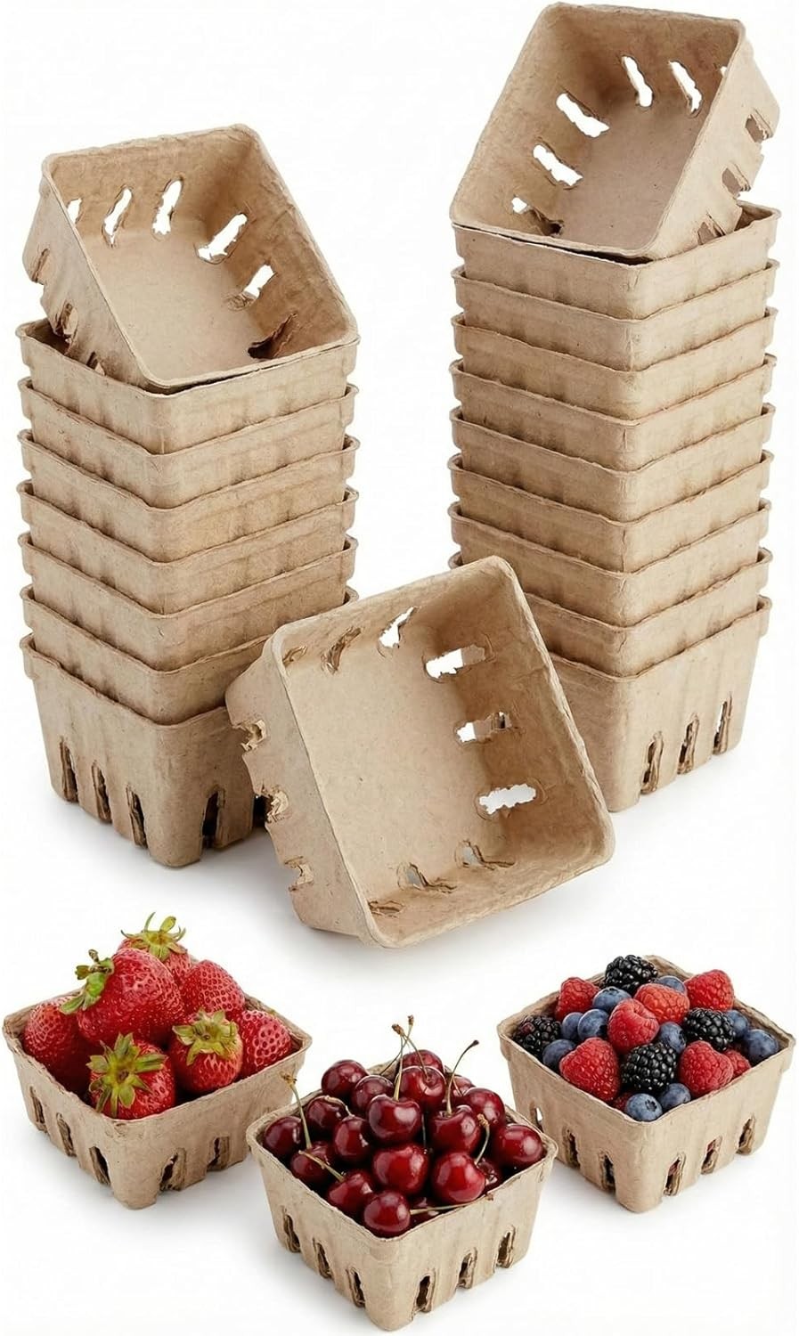 15 Pack Natural Pulp Fiber Berry Basket, Small Vented Produce Baskets for Farmer