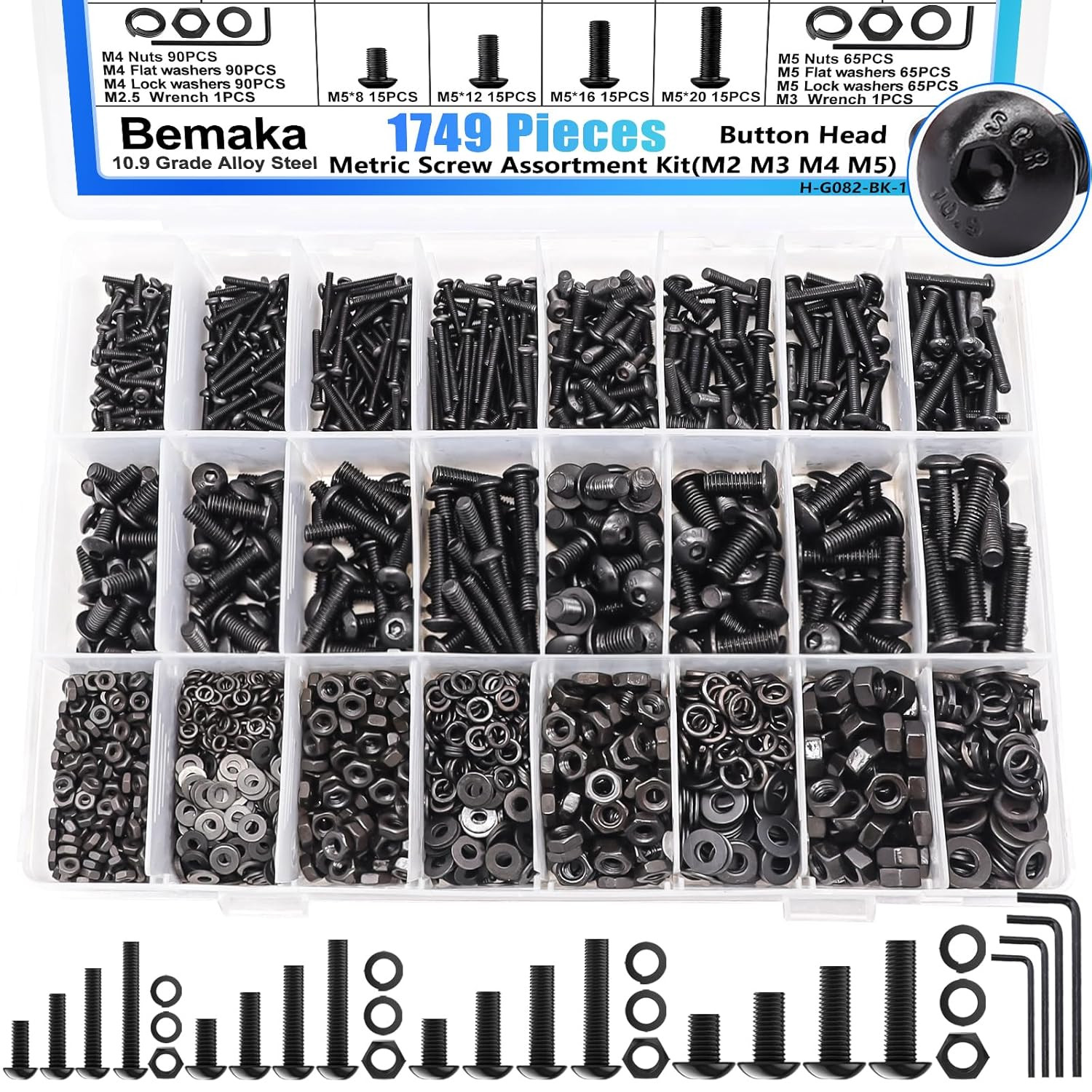 1749 PCS Metric Screw Assortment Kit M2 M3 M4 M5 Bolts, Nuts, Lock & Flat Washer