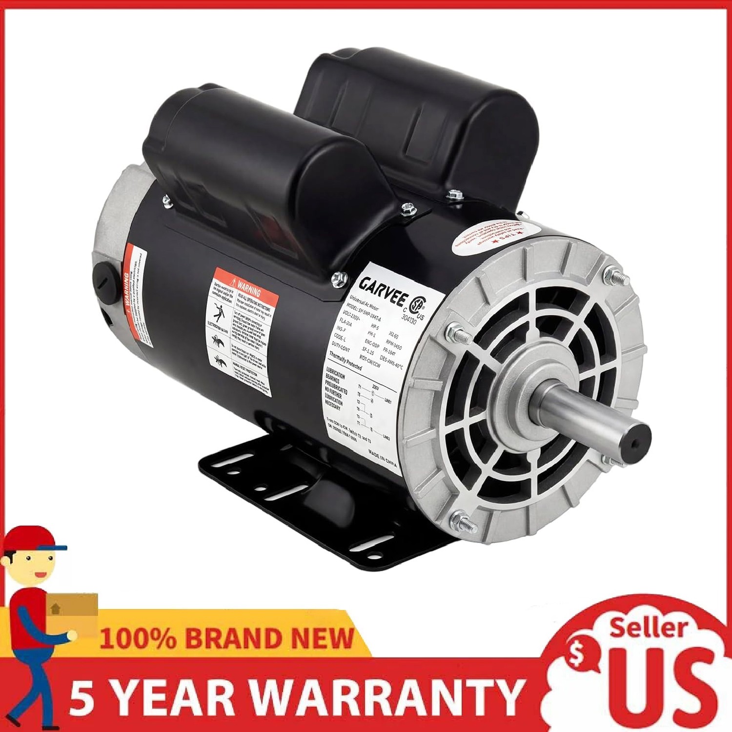 3.7 HP Air Compressor Electric Motor 230V 13A 3450RPM 56 Frame CW/CCW Rotation